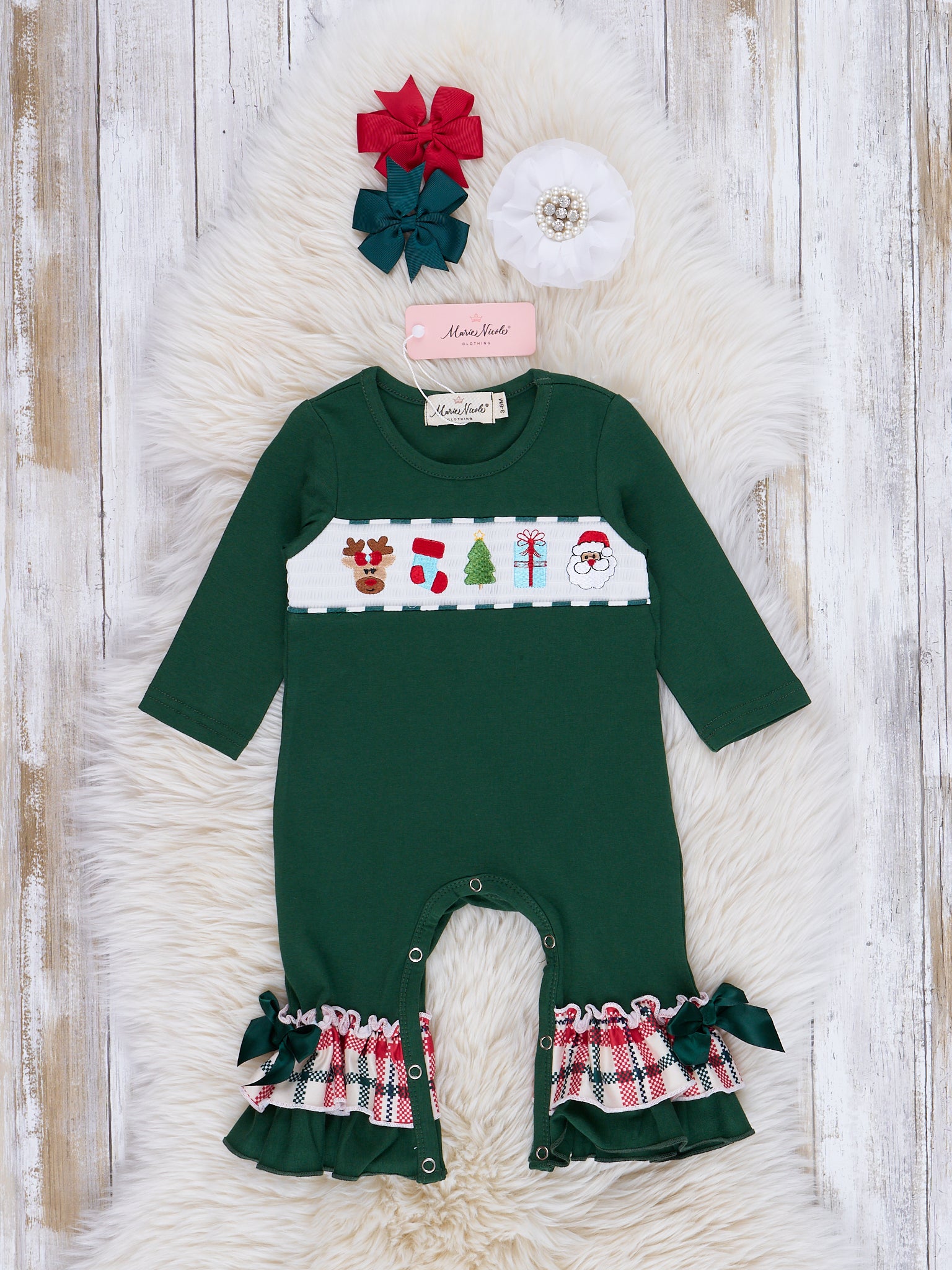 Hunter Green Smocked Holiday Plaid Ruffle Romper - Marie Nicole Clothing