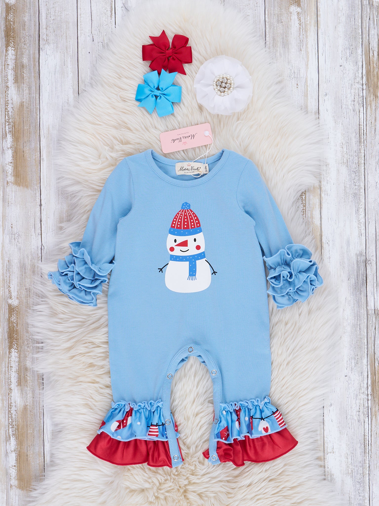 Light Blue Mr Snowman Ruffle Romper - Marie Nicole Clothing