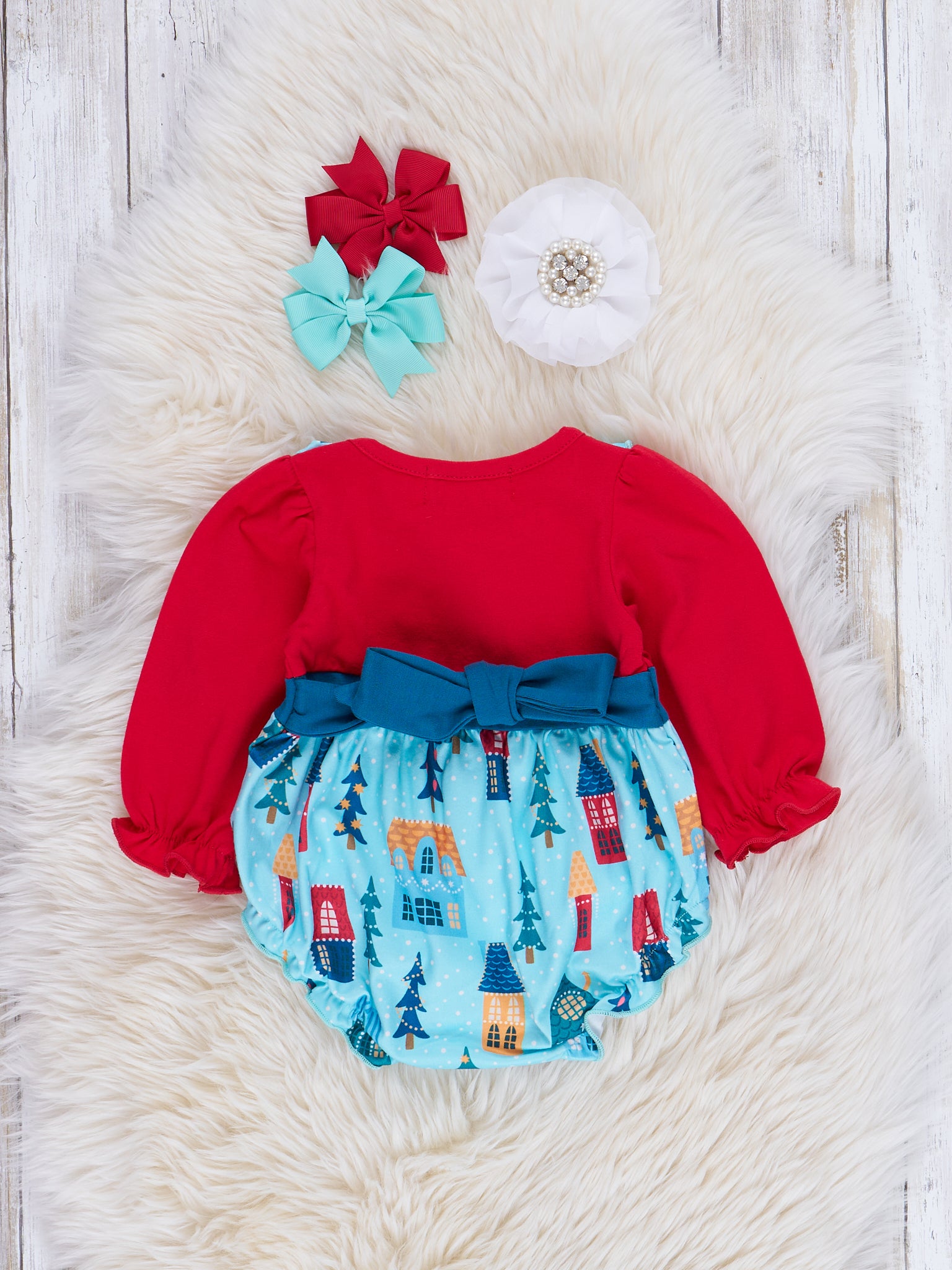 Chambray & Red Tree Lot Ruffle Bubble Romper - Marie Nicole Clothing