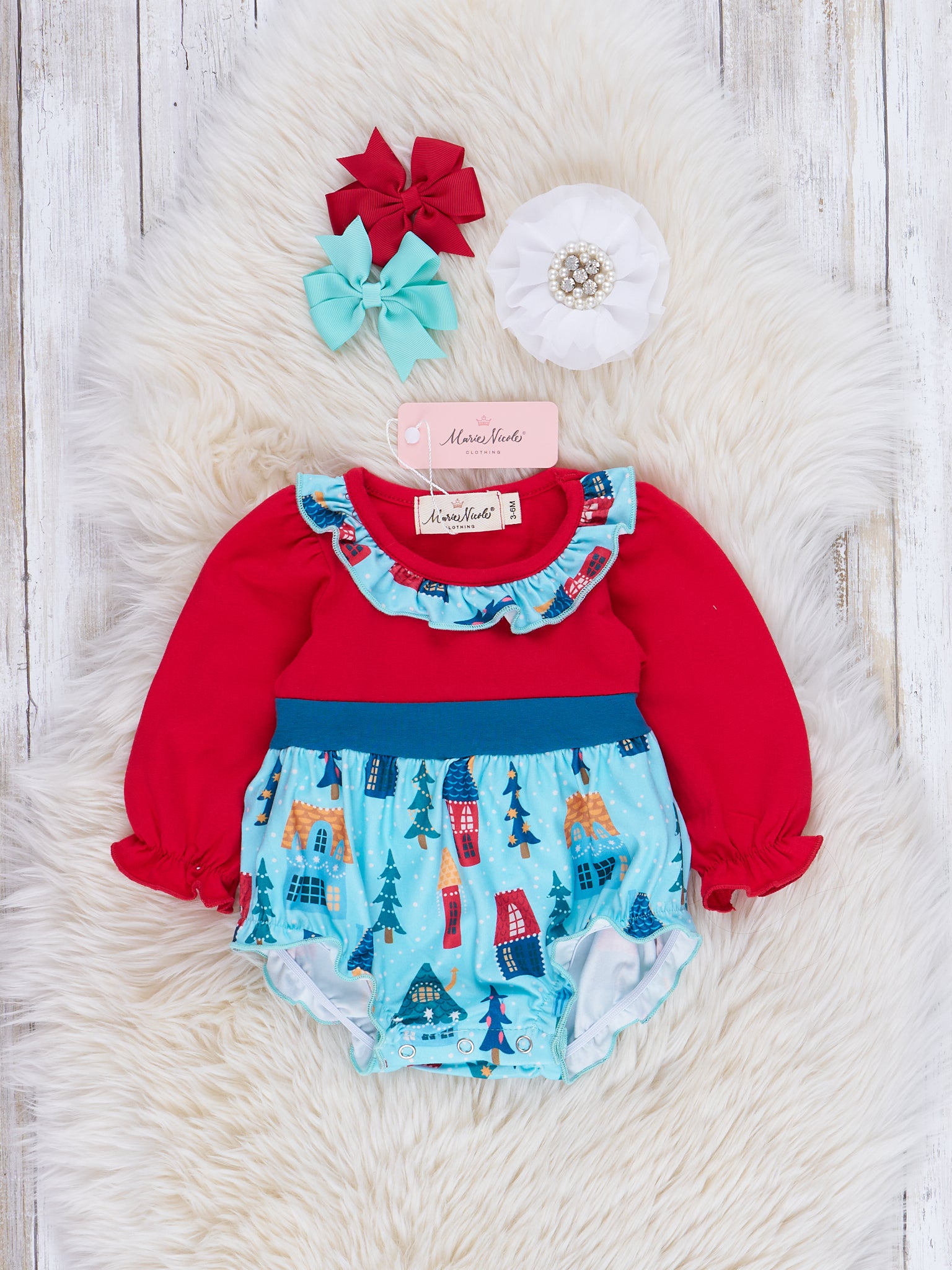 Chambray & Red Tree Lot Ruffle Bubble Romper - Marie Nicole Clothing
