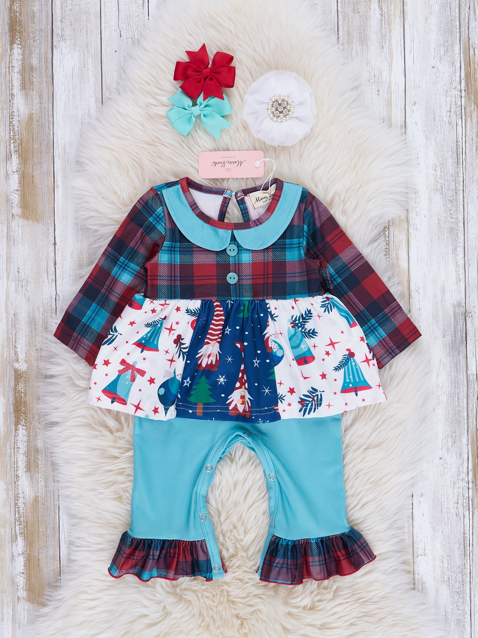 Light Blue & Red Plaid Holiday Ruffle Romper - Marie Nicole Clothing
