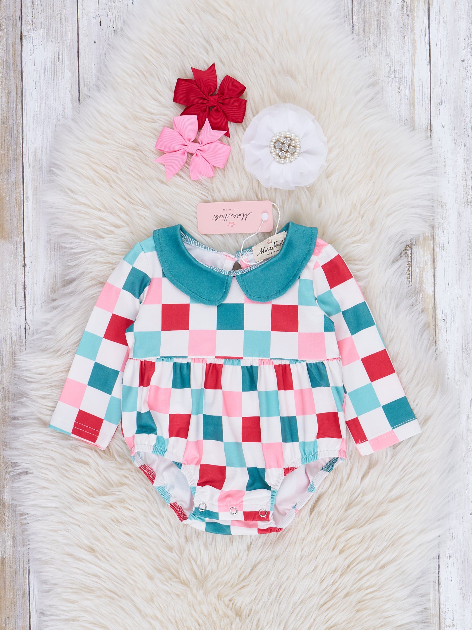 Red & Green Christmas Squares Bubble Romper - Marie Nicole Clothing