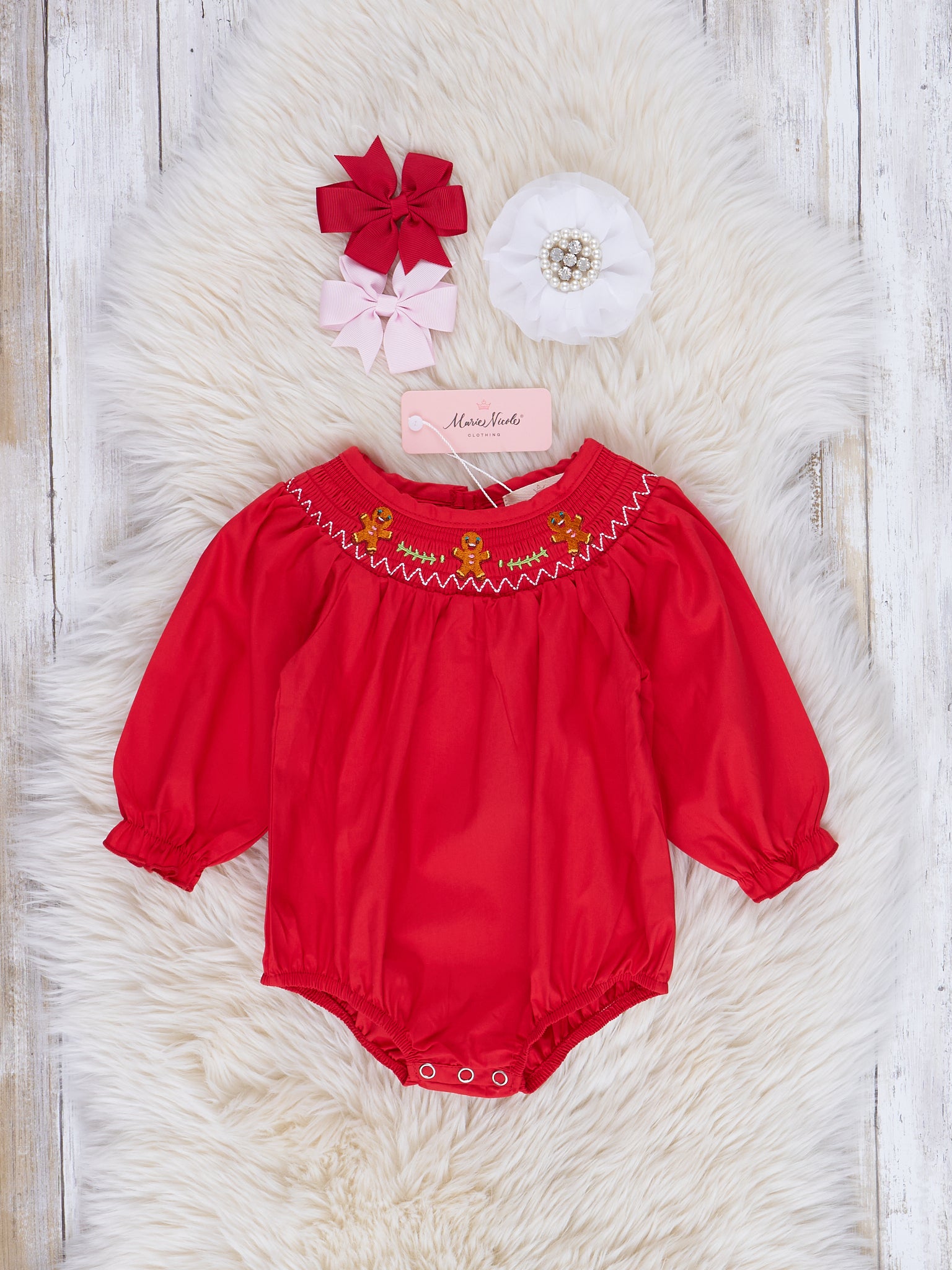 Holiday Red Smocked Gingerbread Bubble Romper - Marie Nicole Clothing