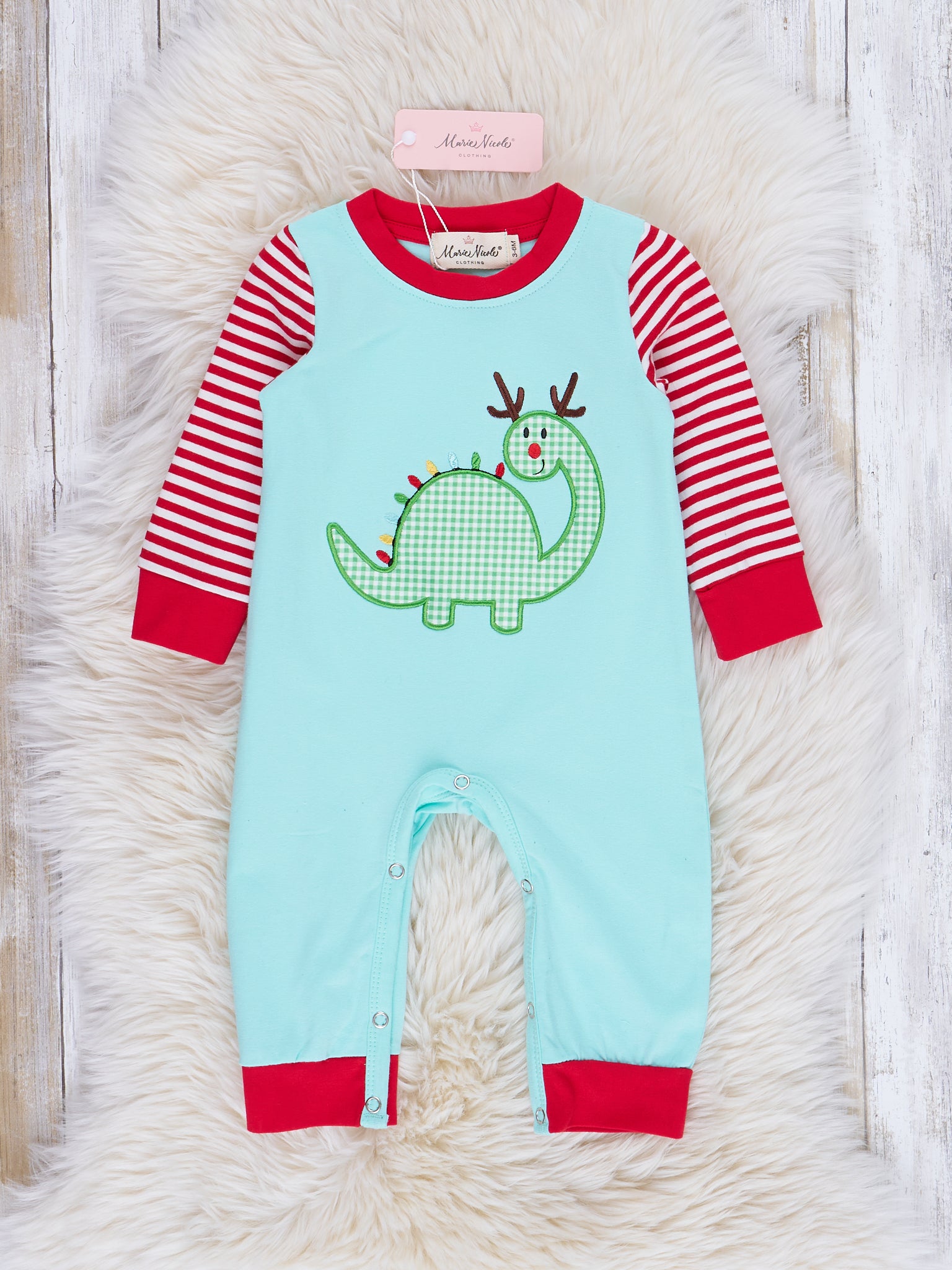 Ice Blue Embroidered Gingham Dino Raglan Romper - Marie Nicole Clothing