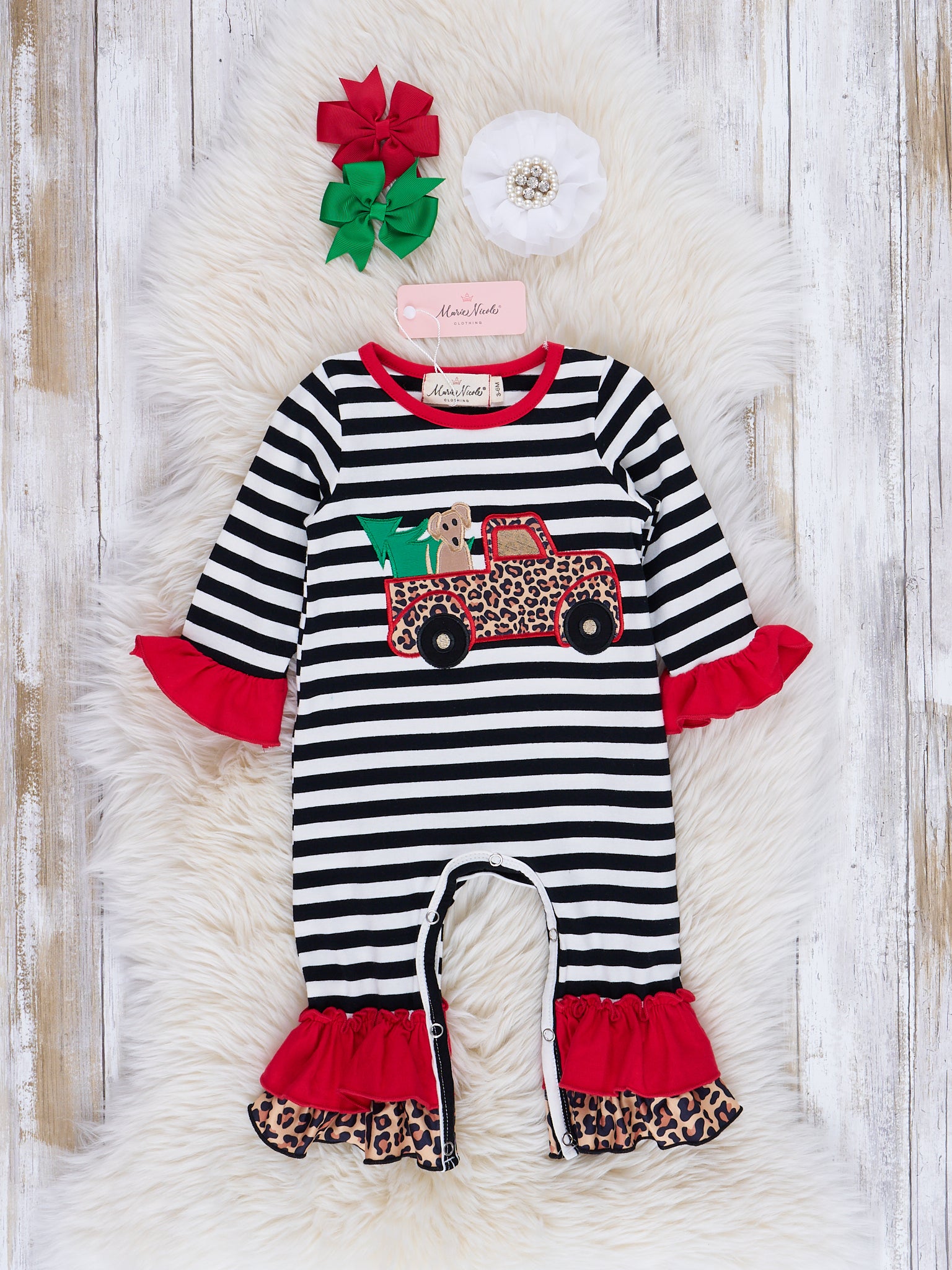 Leopard & Stripes Holiday Truck Ruffle Romper - Marie Nicole Clothing