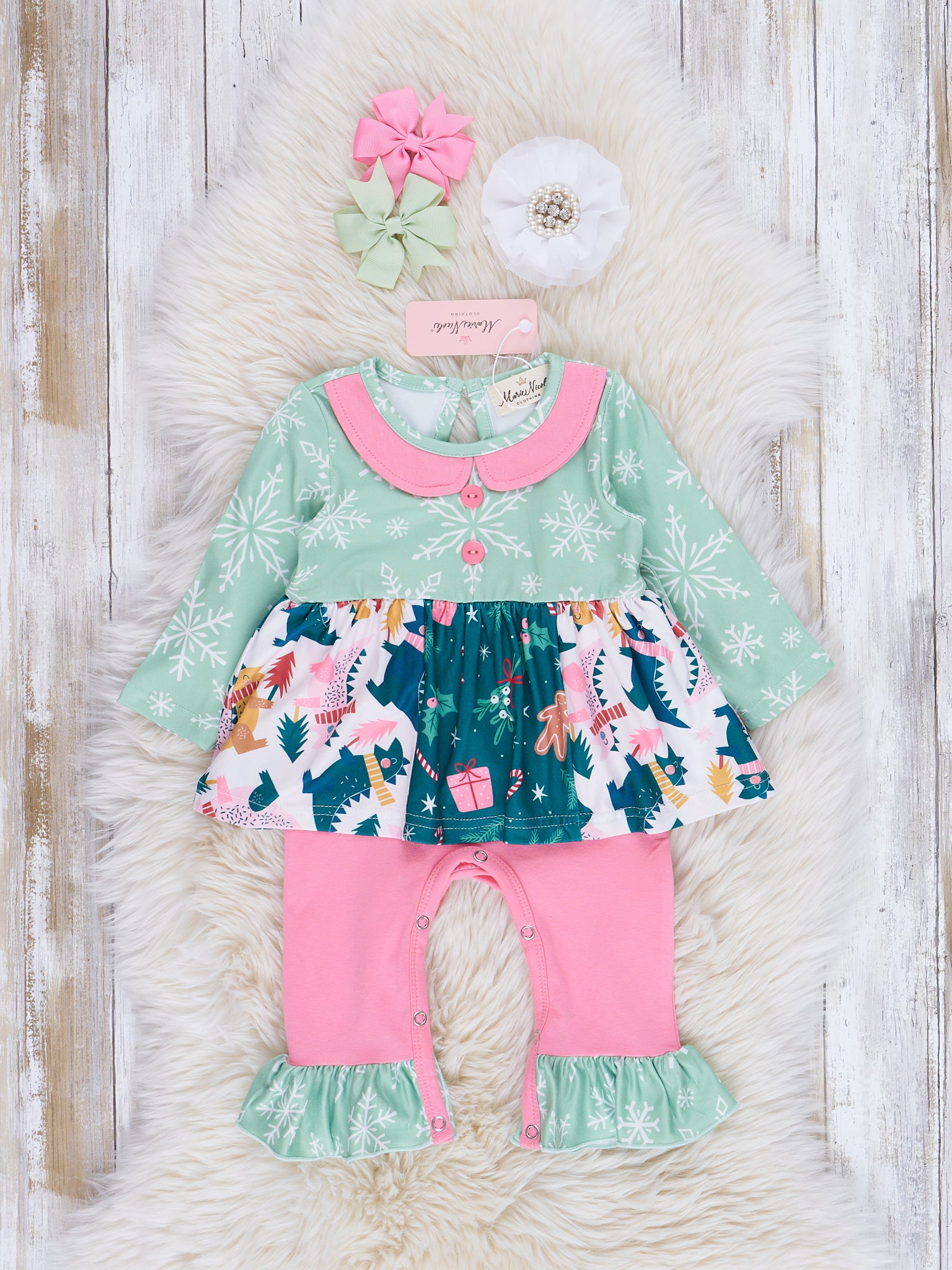 Pink & Green Snowflakes & Dinos Ruffle Romper - Marie Nicole Clothing