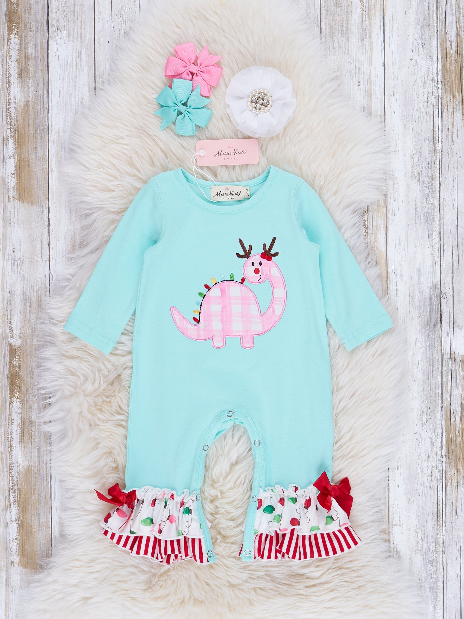 Ice Blue Embroidered Gingham Dino Ruffle Romper - Marie Nicole Clothing