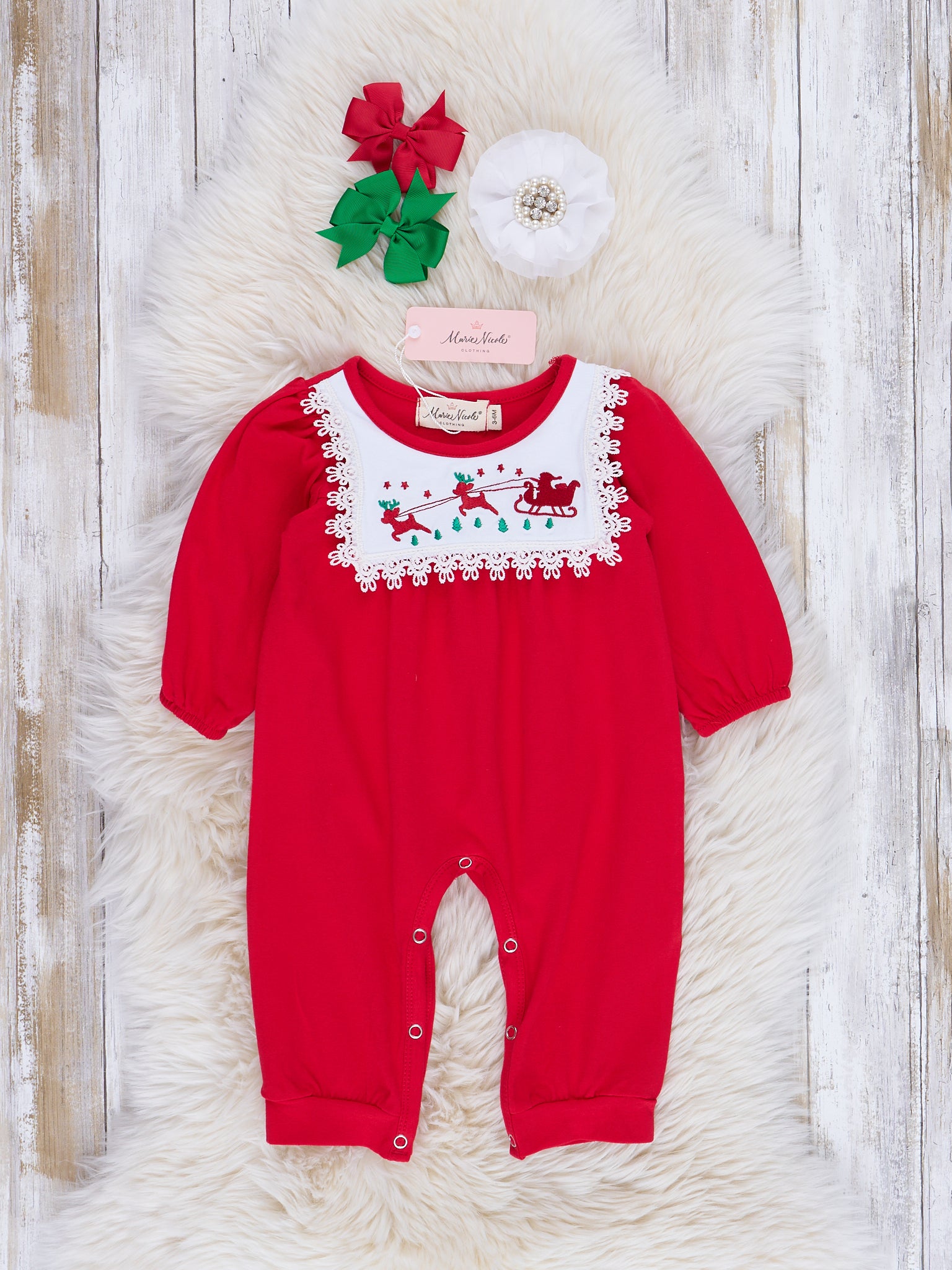Bright Red Santa's Sleigh Romper - Marie Nicole Clothing