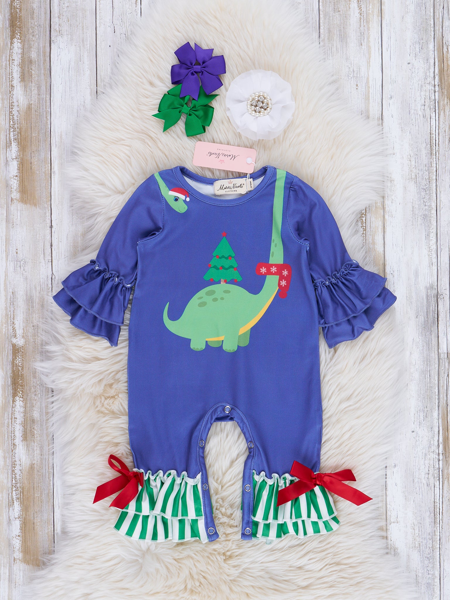 Blue & Green Holiday Dino Striped Ruffle Romper - Marie Nicole Clothing
