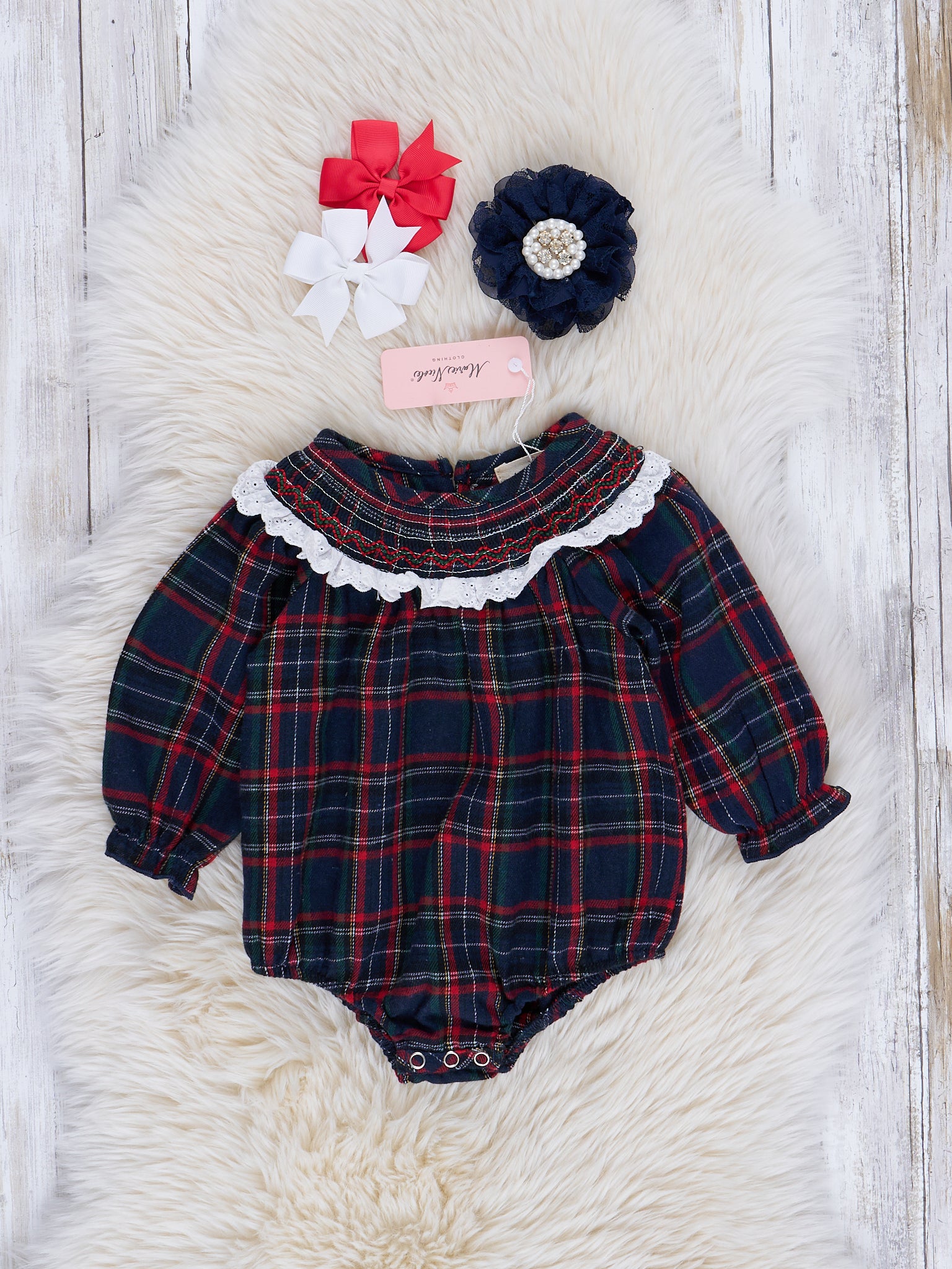 Deep Navy Plaid Smocked Ruffle Collar Romper - Marie Nicole Clothing