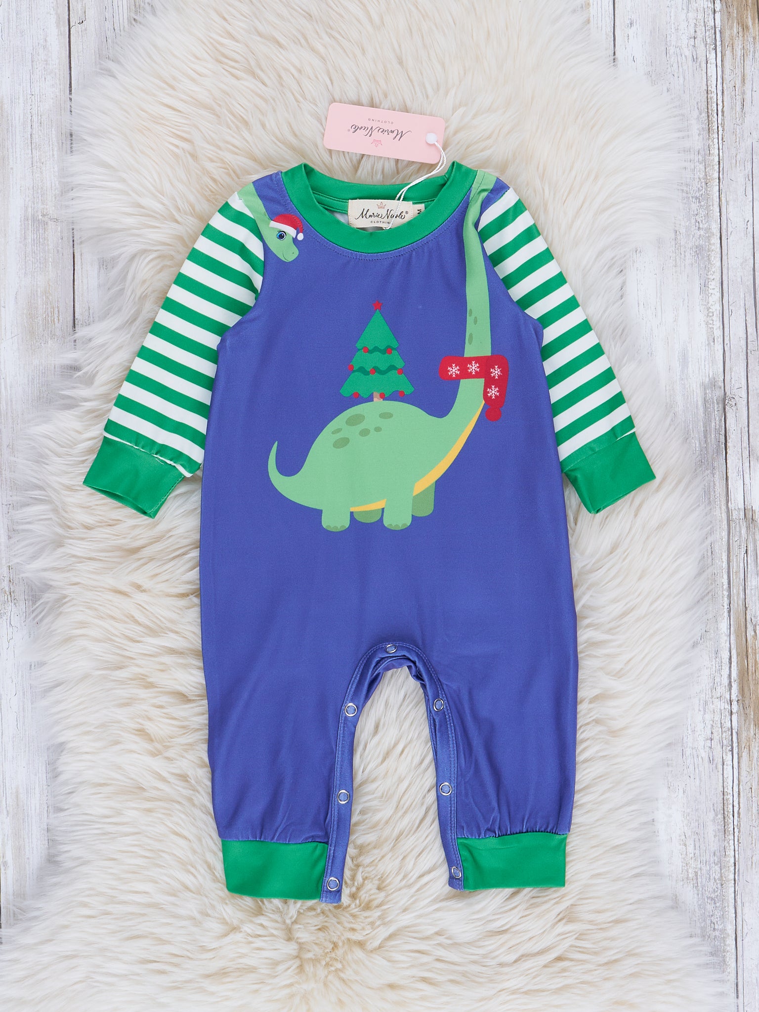 Blue & Green Holiday Dino Striped Raglan Romper - Marie Nicole Clothing