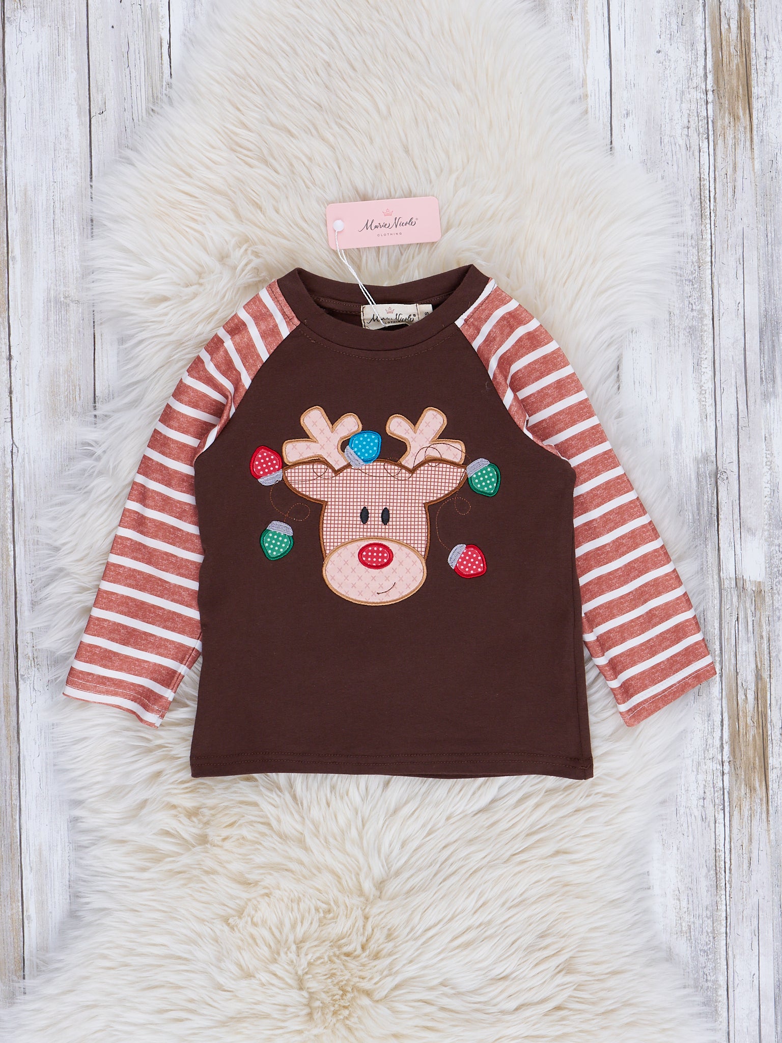 Chocolate & Tan Stripe Embroidered Reindeer Shirt - Marie Nicole Clothing
