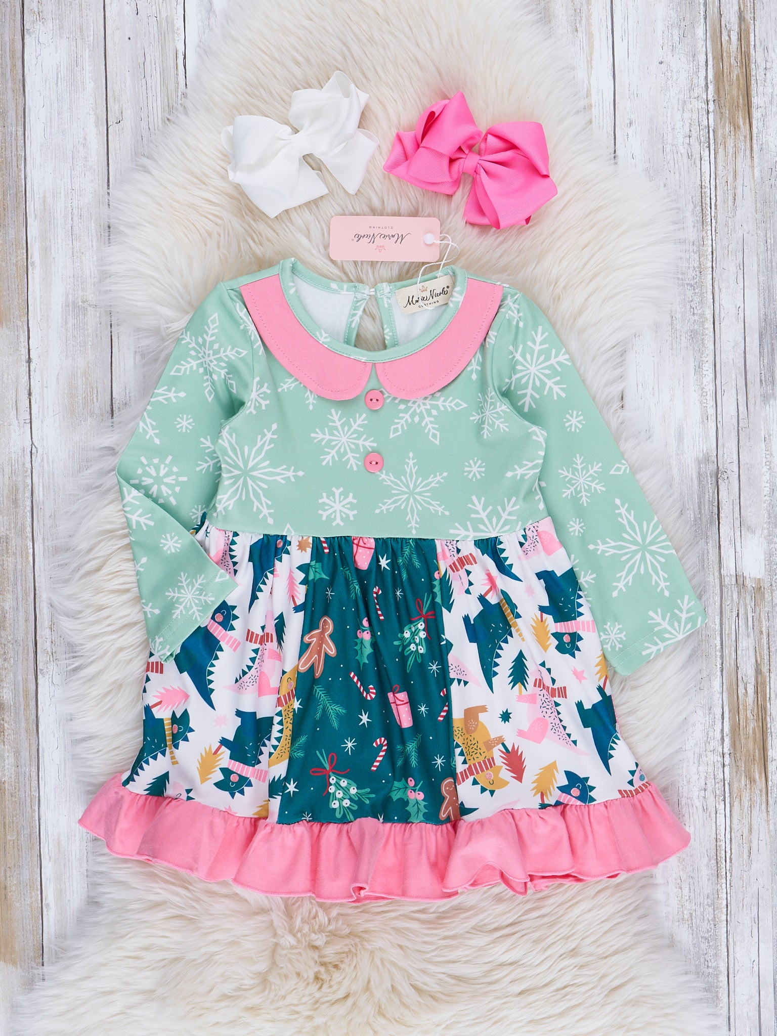 Pink & Green Snowflakes & Dinos Ruffle Dress - Marie Nicole Clothing