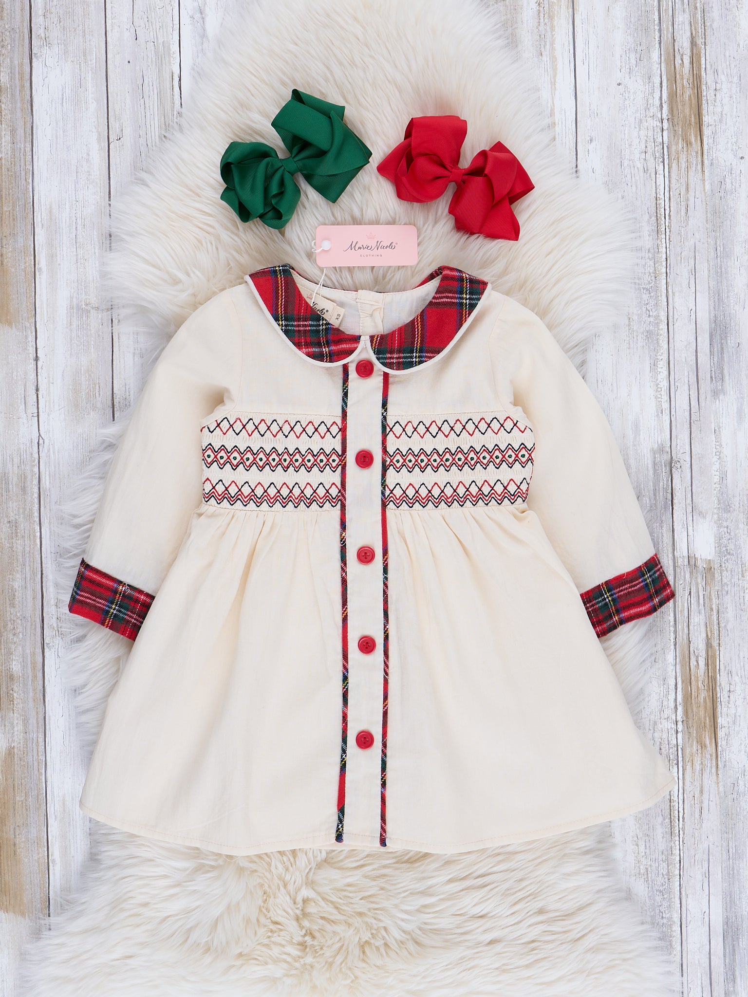 Crimson & Cream Smocked Holiday Dress - Marie Nicole Clothing