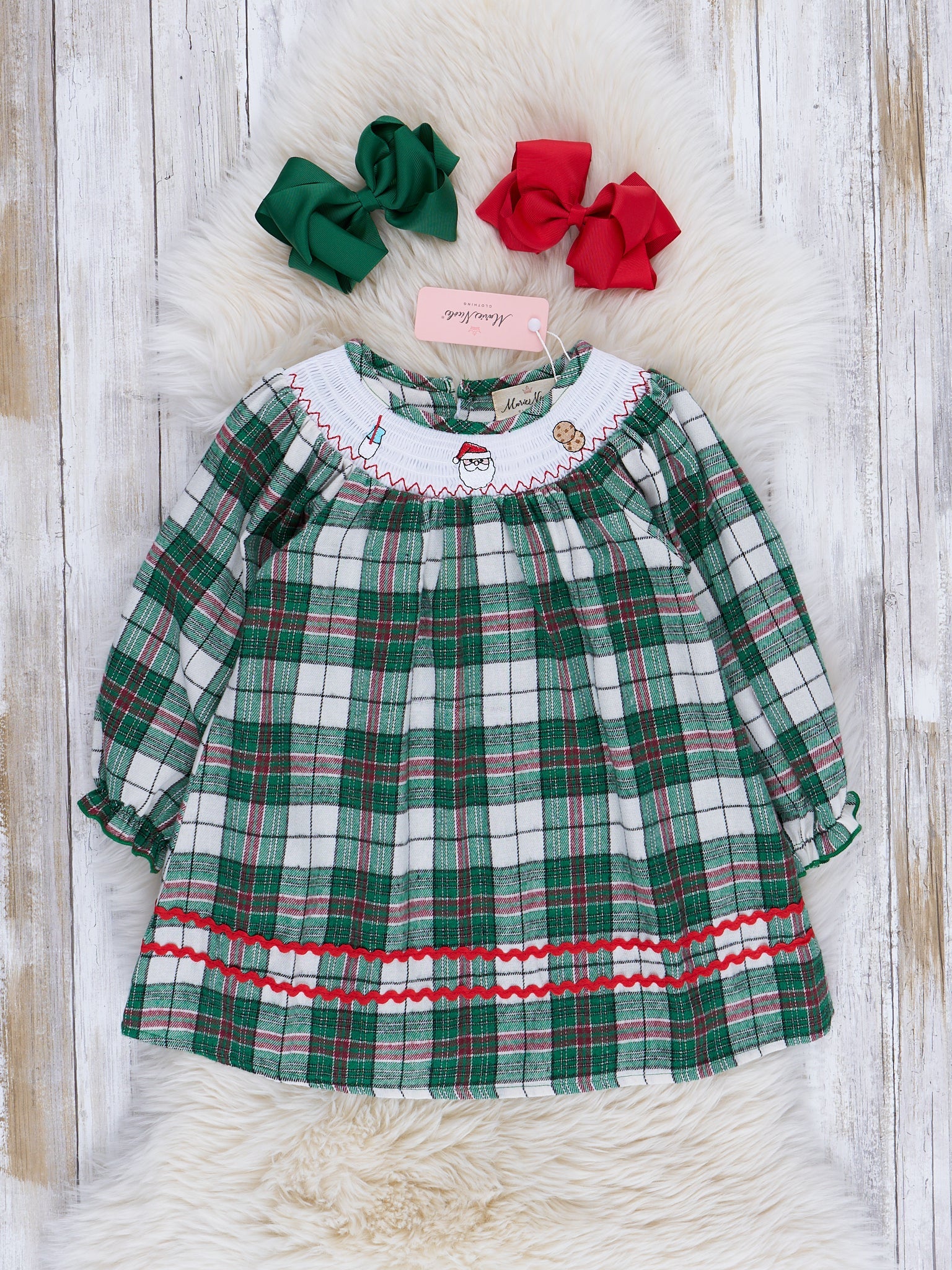 Green Plaid Smocked Christmas Dress - Marie Nicole Clothing
