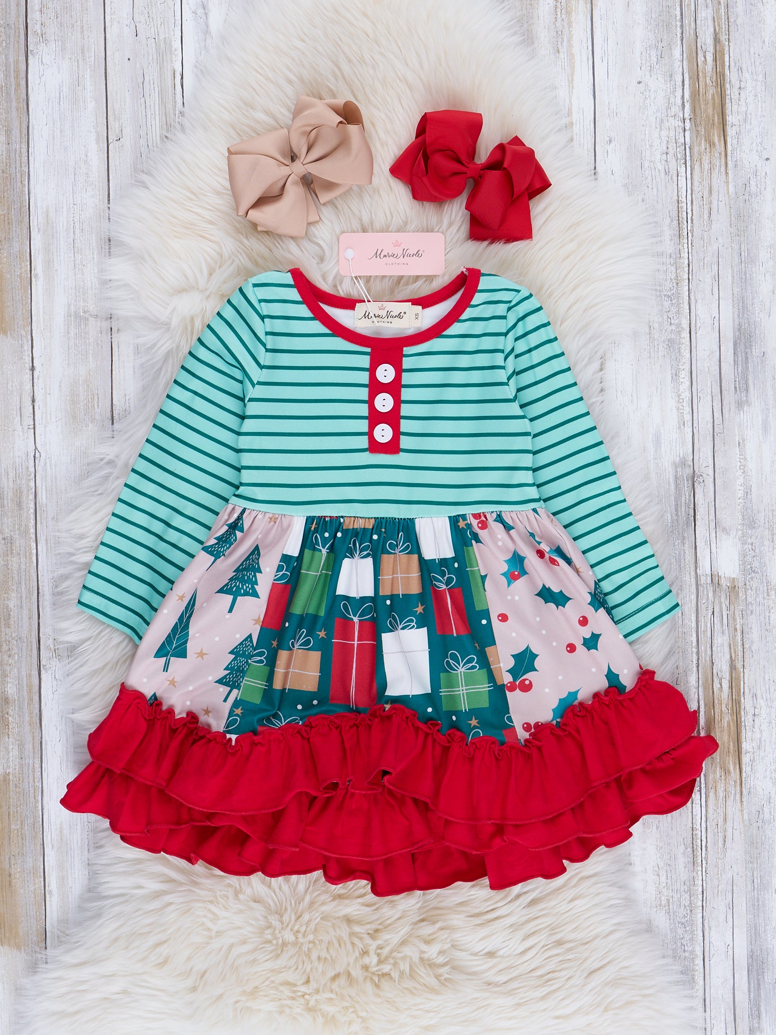 Merry Stripes Tiered Ruffle Dress - Marie Nicole Clothing
