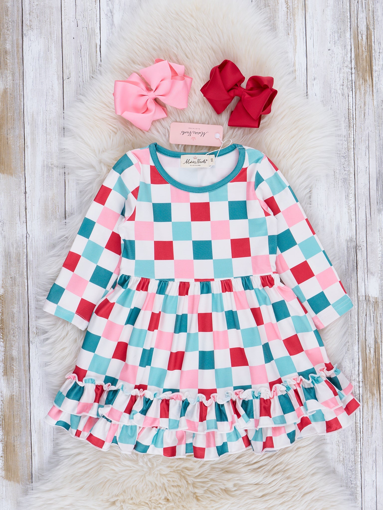 Red & Green Christmas Squares Ruffle Dress - Marie Nicole Clothing