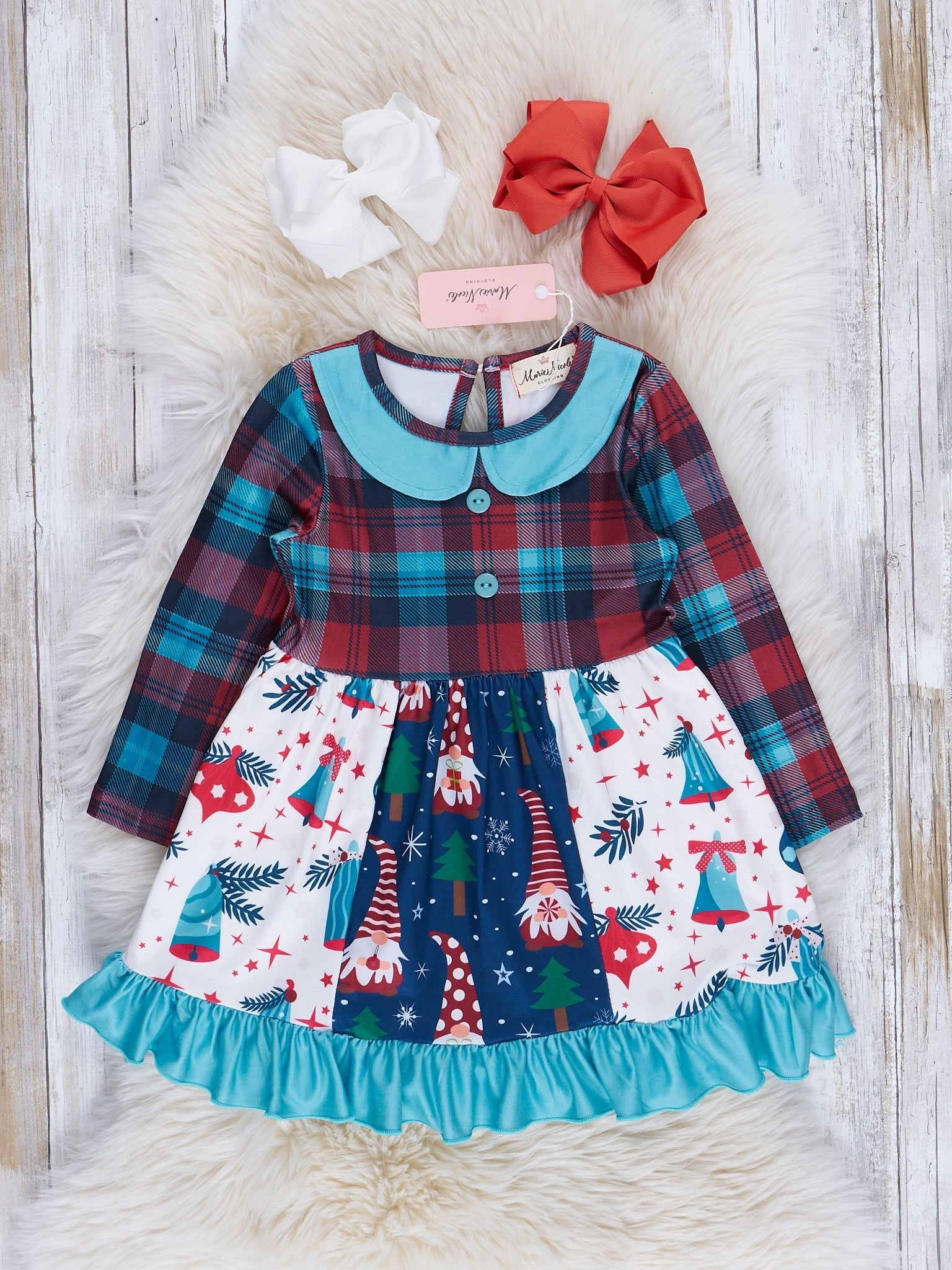 Light Blue & Red Plaid Holiday Ruffle Dress - Marie Nicole Clothing