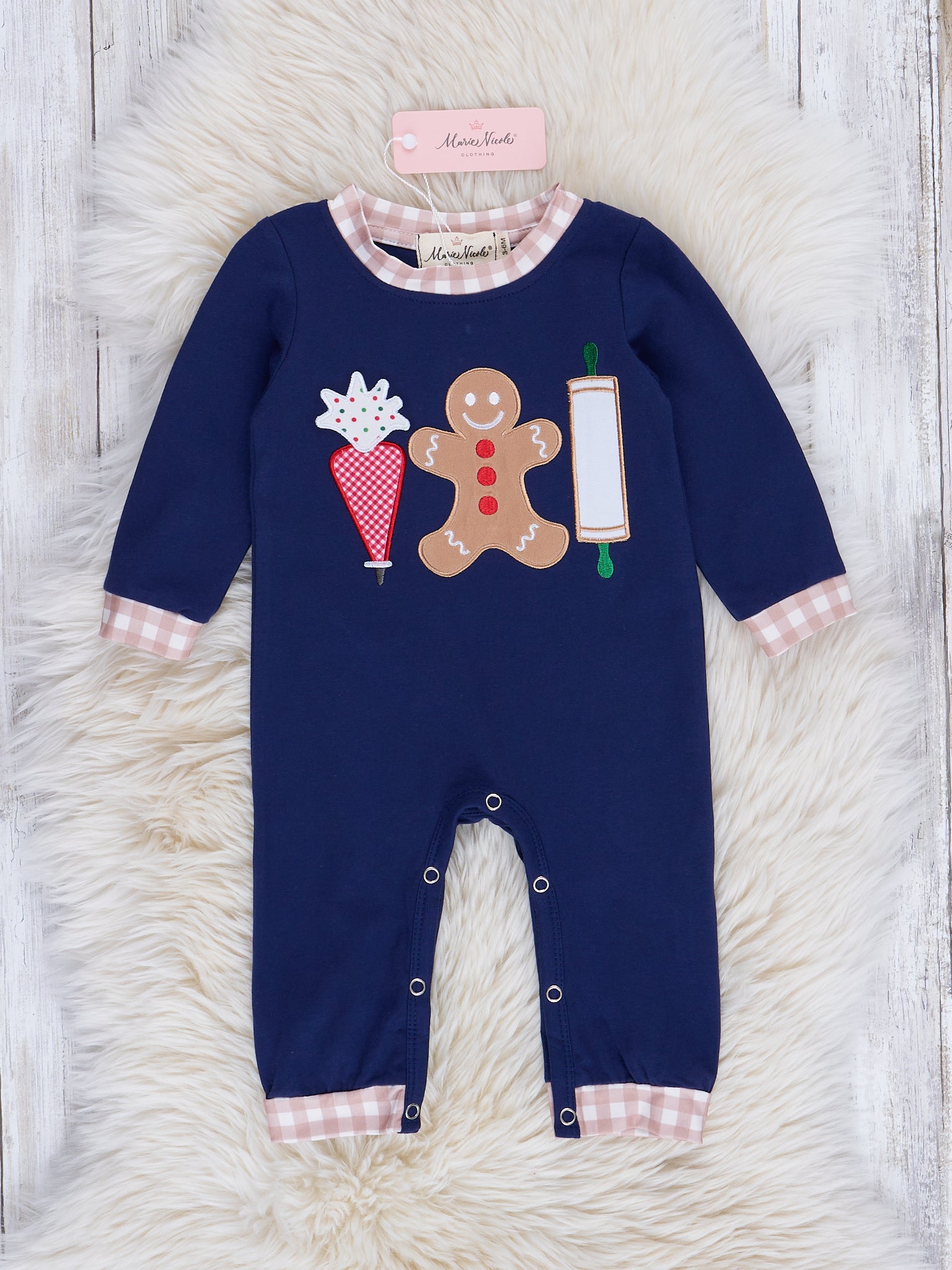 Navy & Tan Gingham Gingerbread Romper - Marie Nicole Clothing