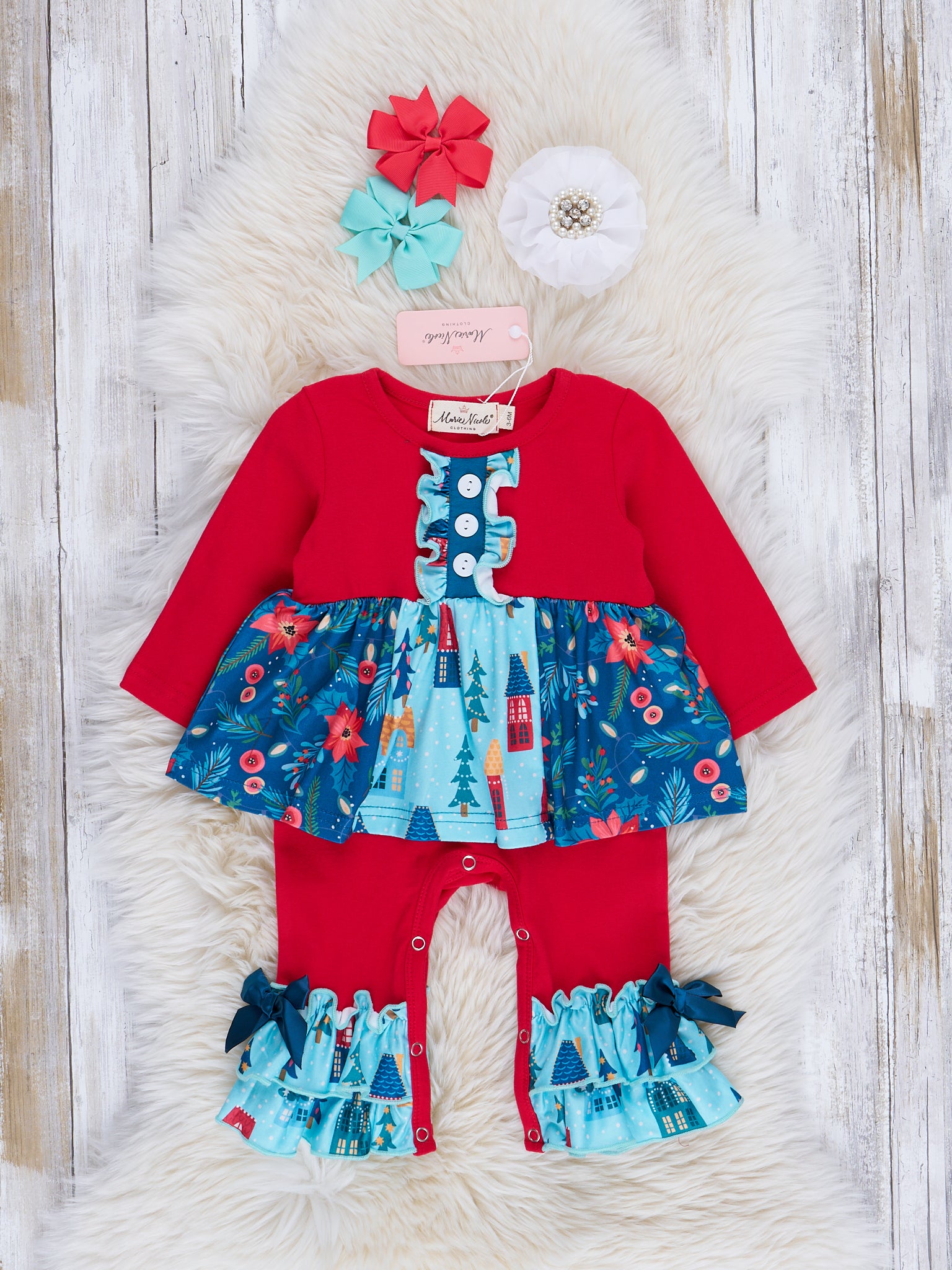 Chambray & Red Tree Lot Ruffle Romper - Marie Nicole Clothing