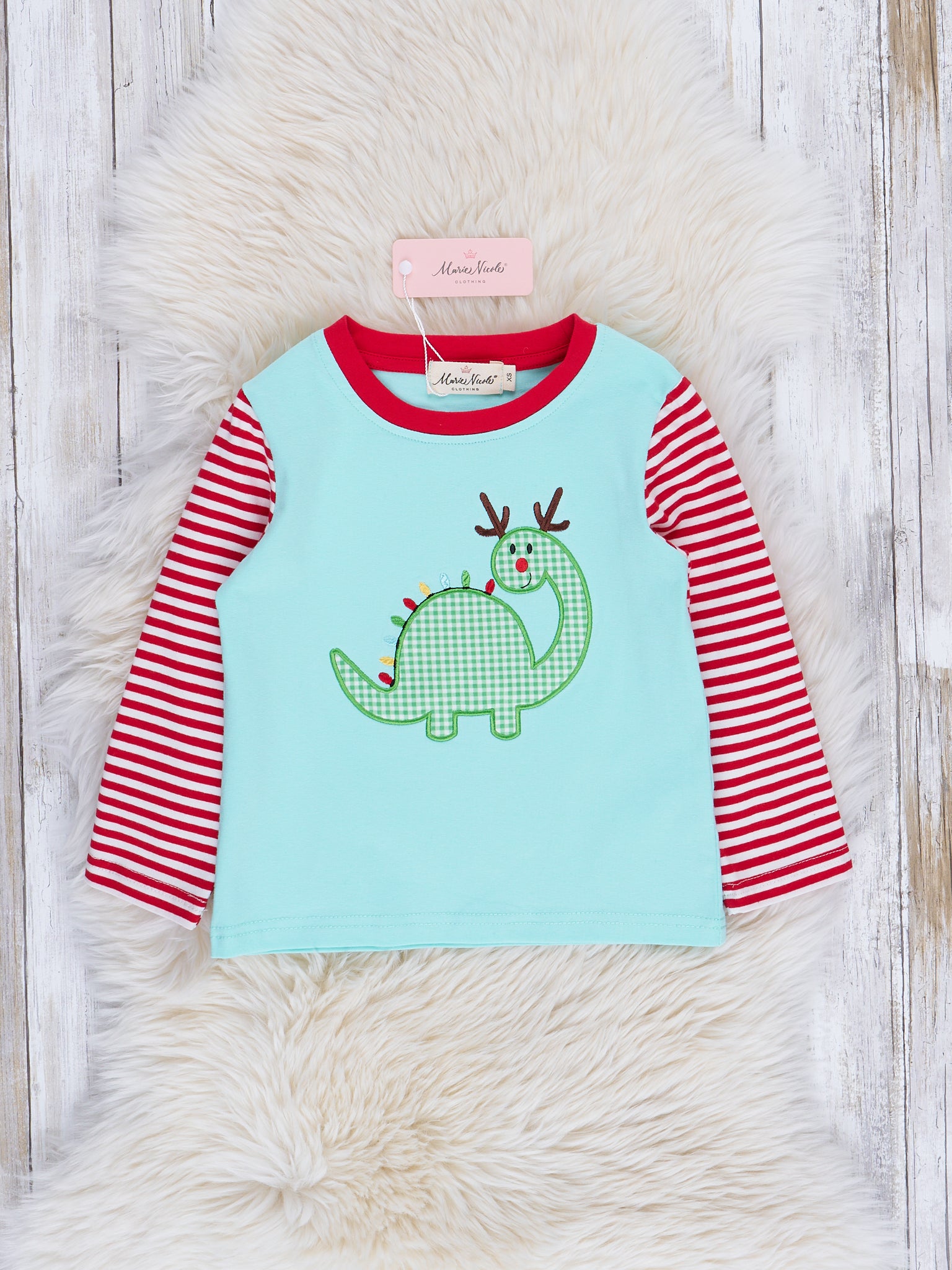 Ice Blue Embroidered Gingham Dino Raglan Shirt - Marie Nicole Clothing
