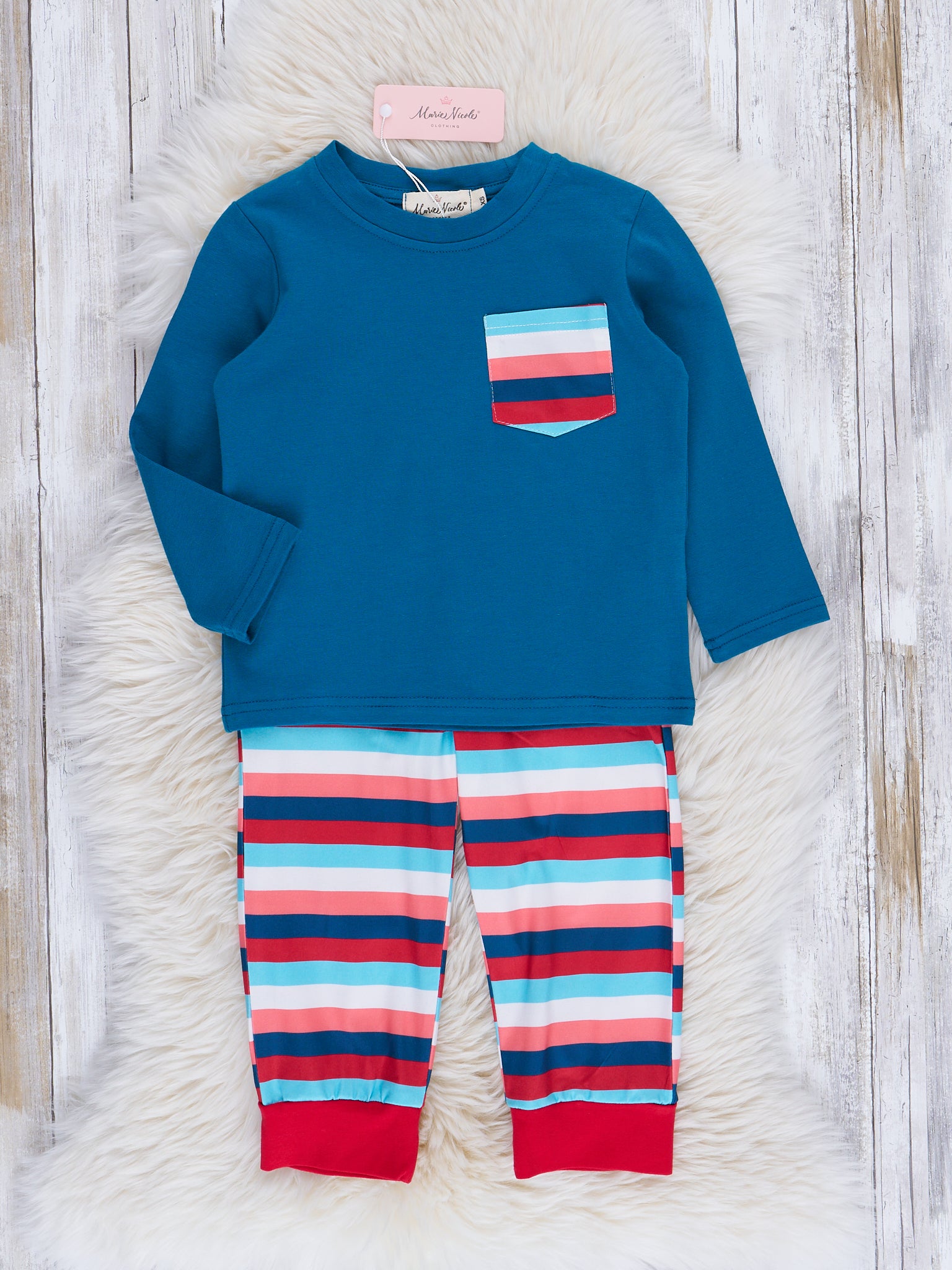 Blue & Peach Stripes Pocket Outfit - Marie Nicole Clothing