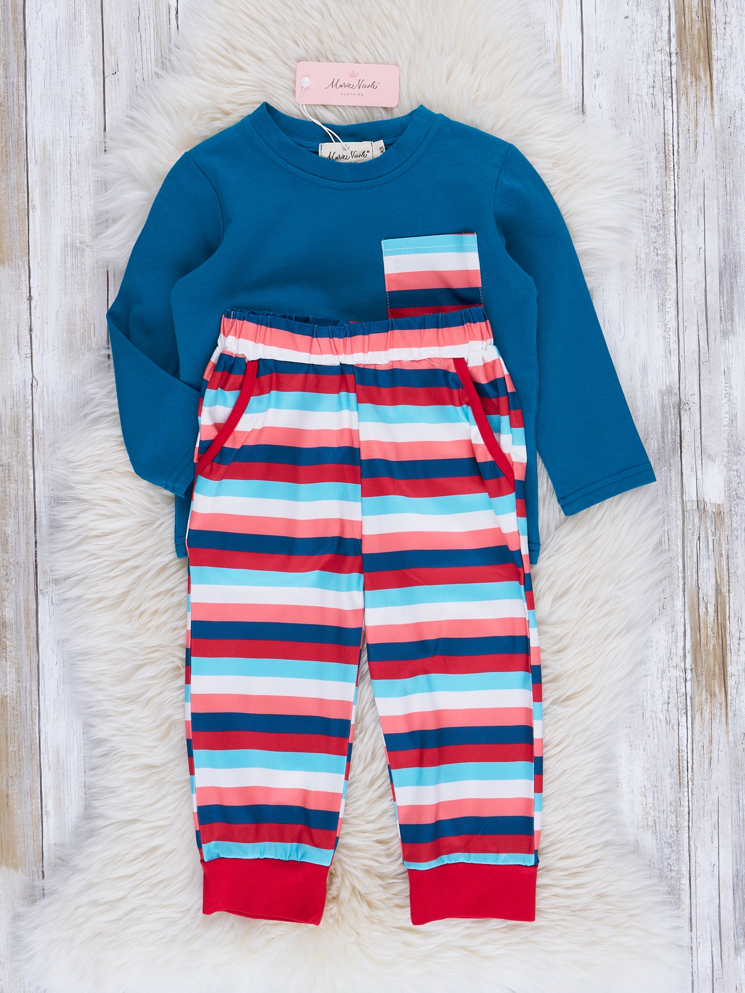 Blue & Peach Stripes Pocket Outfit - Marie Nicole Clothing