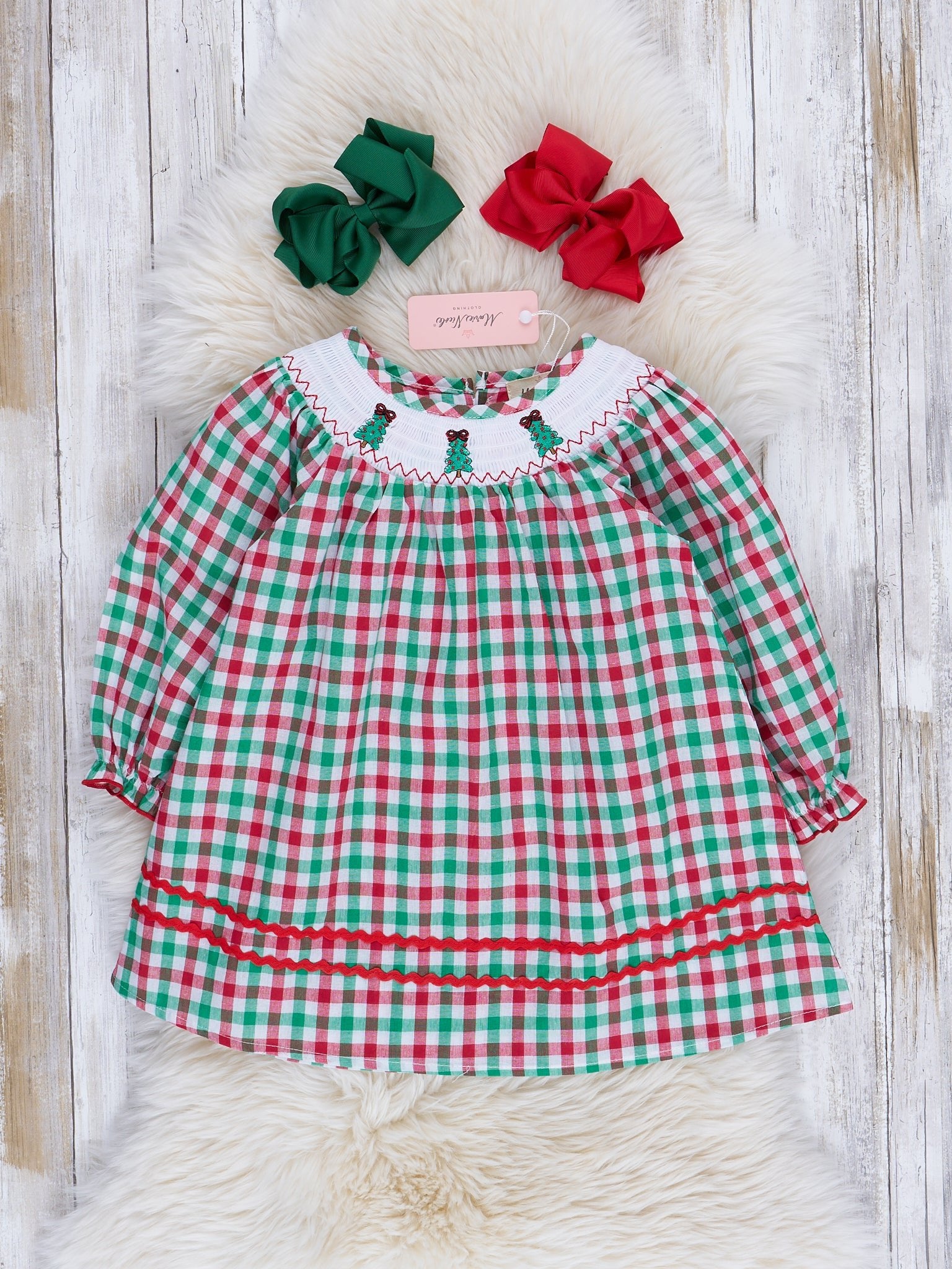 Green & Red Gingham Smocked Christmas Dress - Marie Nicole Clothing