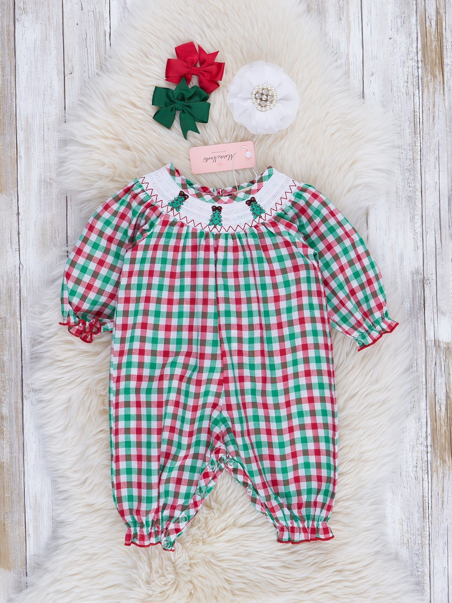 Green & Red Gingham Smocked Christmas Romper - Marie Nicole Clothing