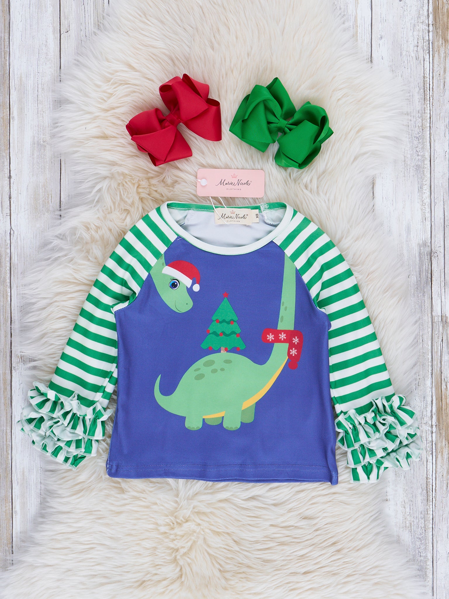 Blue & Green Holiday Dino Striped Ruffle Top - Marie Nicole Clothing