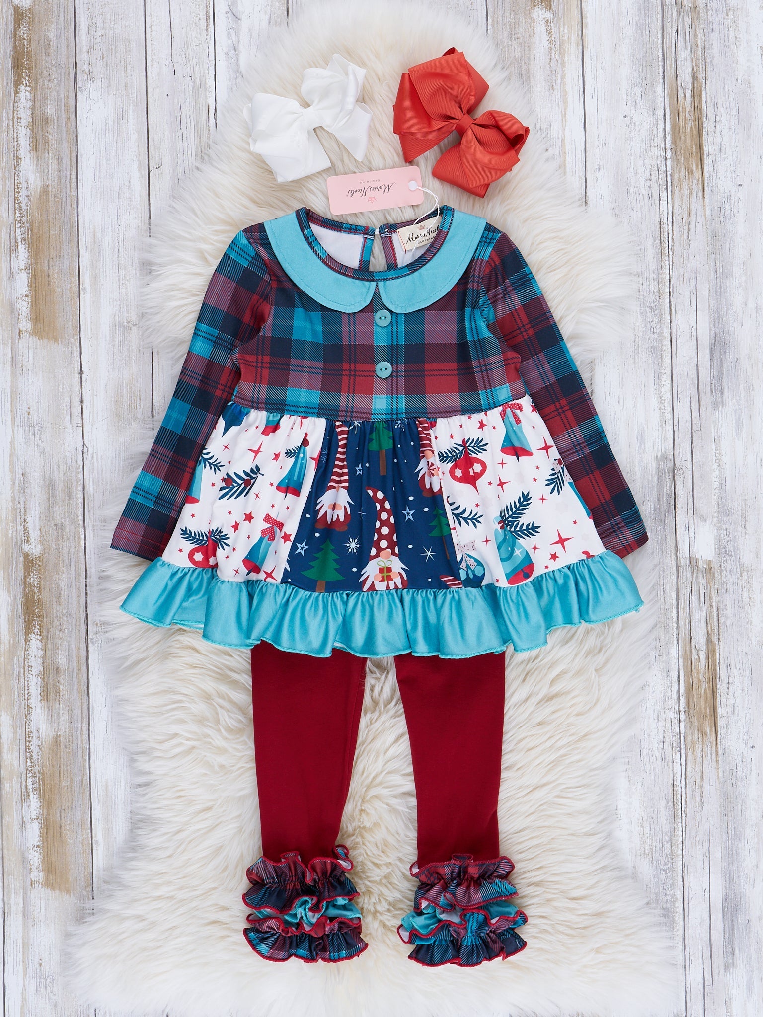 Light Blue & Red Plaid Holiday Ruffle Outfit - Marie Nicole Clothing