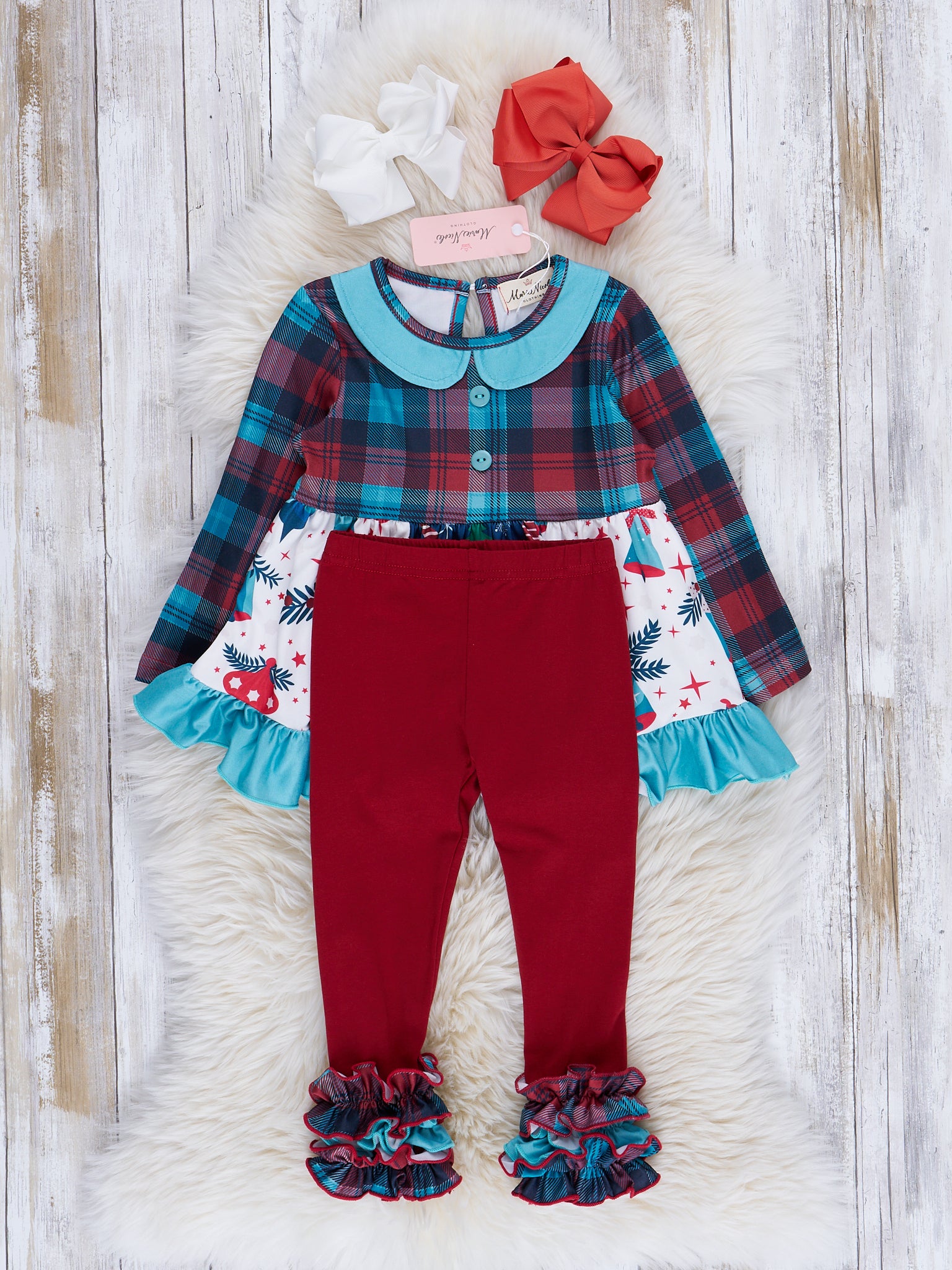 Light Blue & Red Plaid Holiday Ruffle Outfit - Marie Nicole Clothing