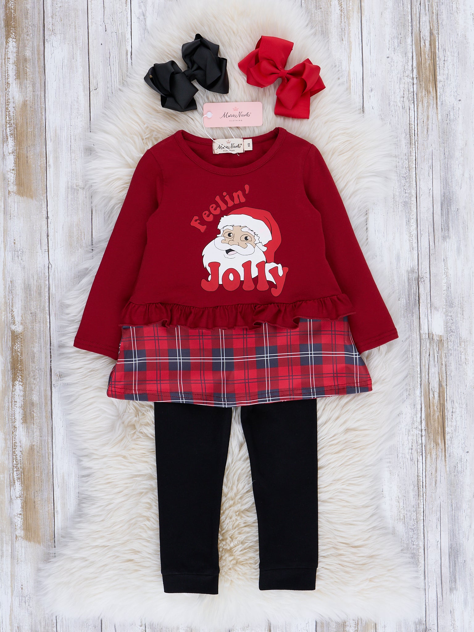 Red & Black Plaid "Feelin' Jolly" Santa Outfit - Marie Nicole Clothing