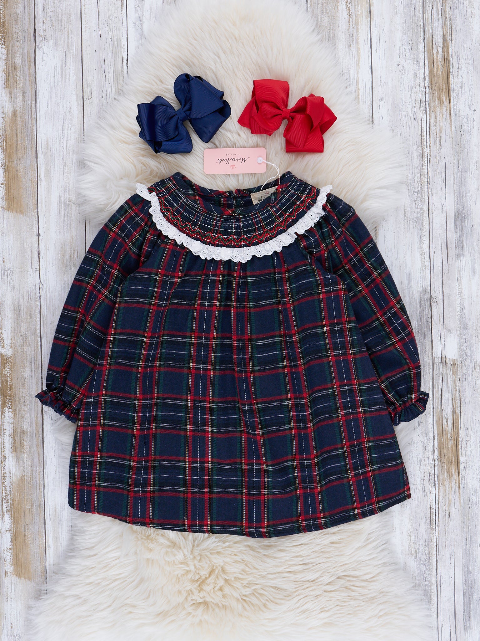 Deep Navy Plaid Smocked Ruffle Collar Dress - Marie Nicole Clothing