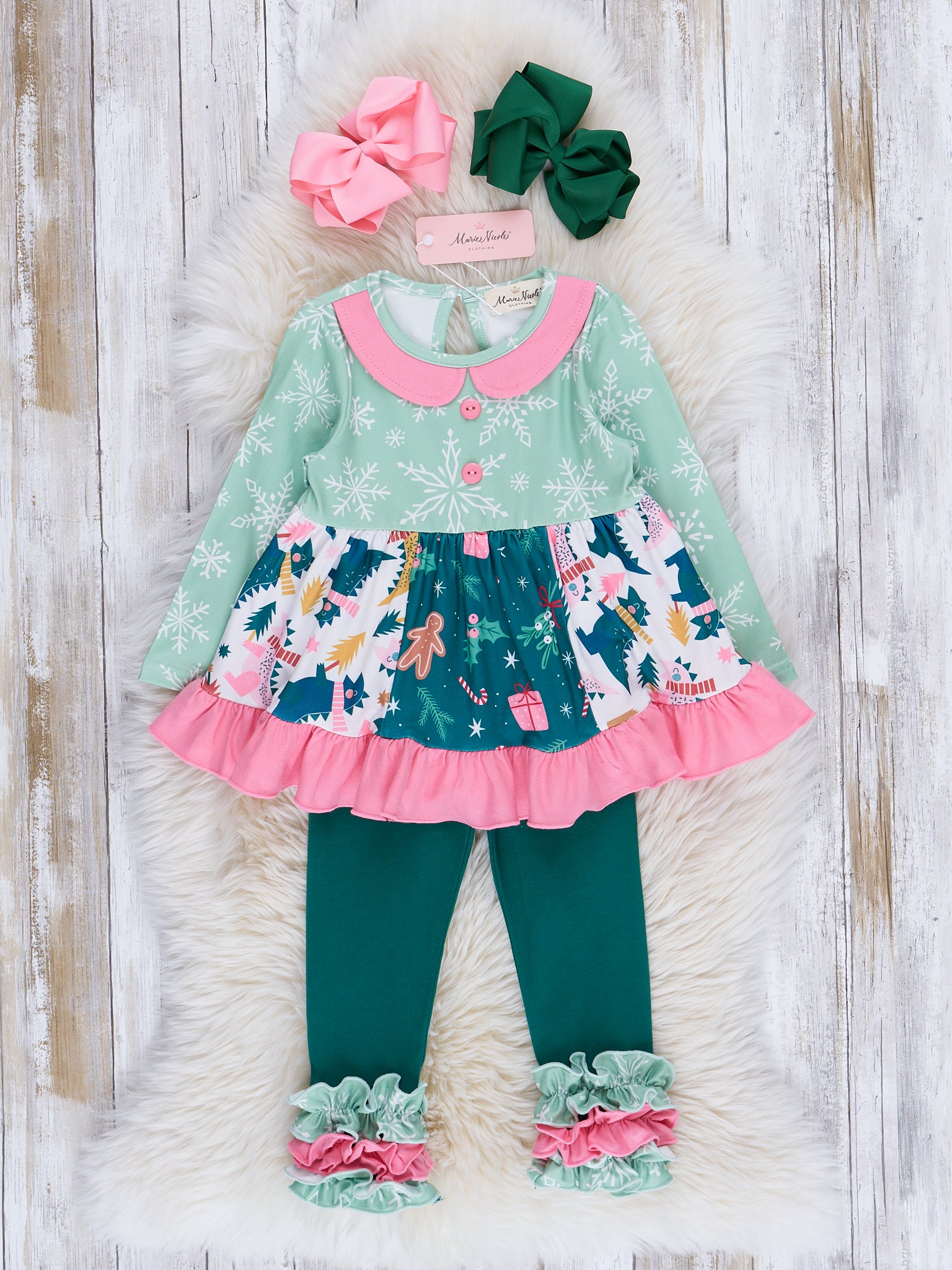 Pink & Green Snowflakes & Dinos Ruffle Outfit - Marie Nicole Clothing