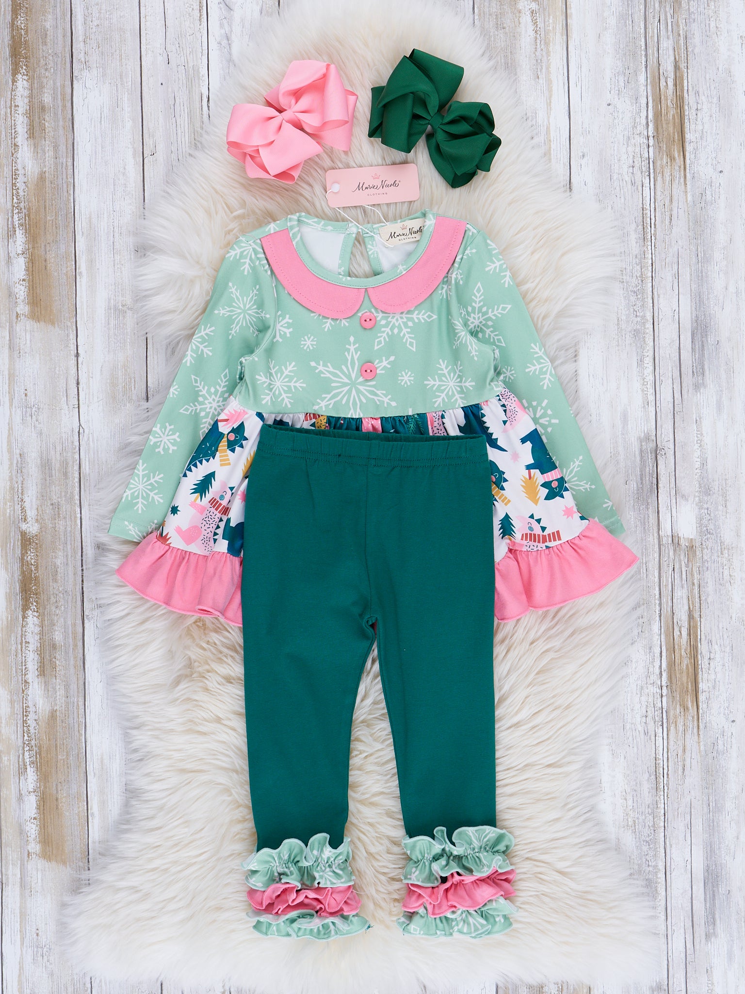 Pink & Green Snowflakes & Dinos Ruffle Outfit - Marie Nicole Clothing