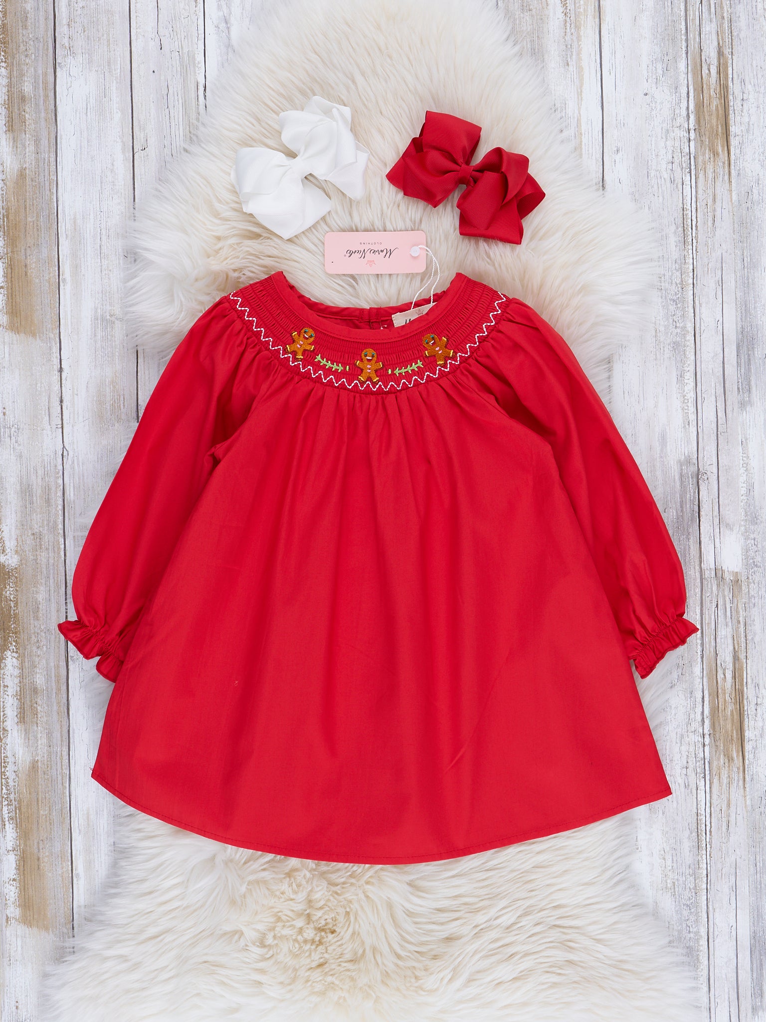 Holiday Red Smocked Gingerbread Dress - Marie Nicole Clothing