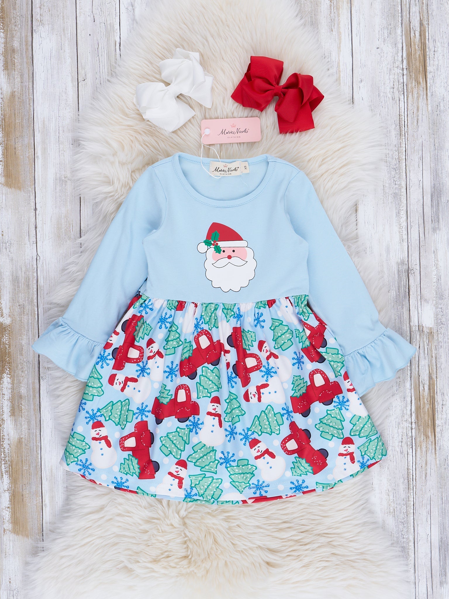 Light Blue Bell Sleeve Santa Swing Dress - Marie Nicole Clothing