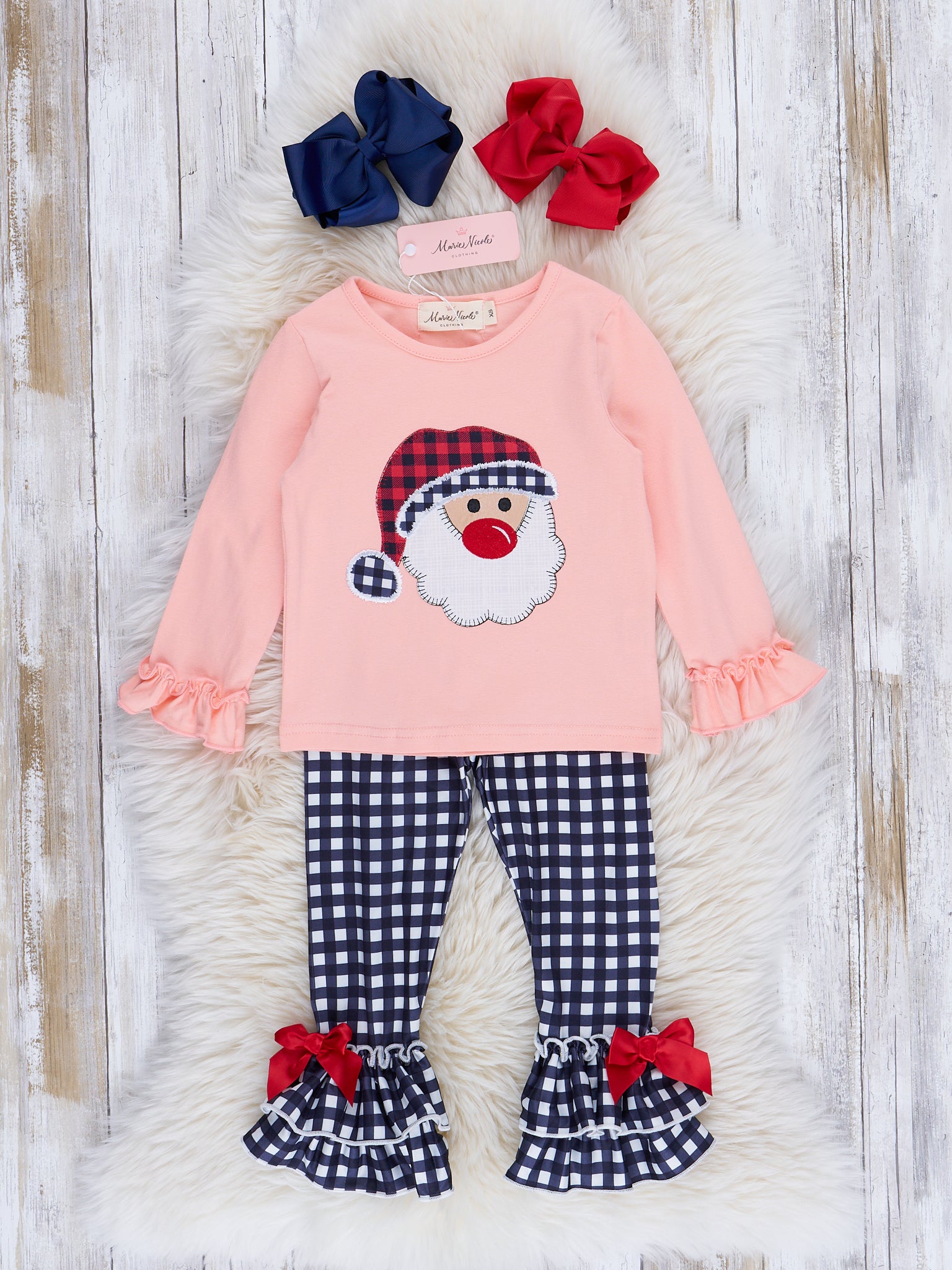 Peach & Navy Gingham Santa Ruffle Outfit - Marie Nicole Clothing