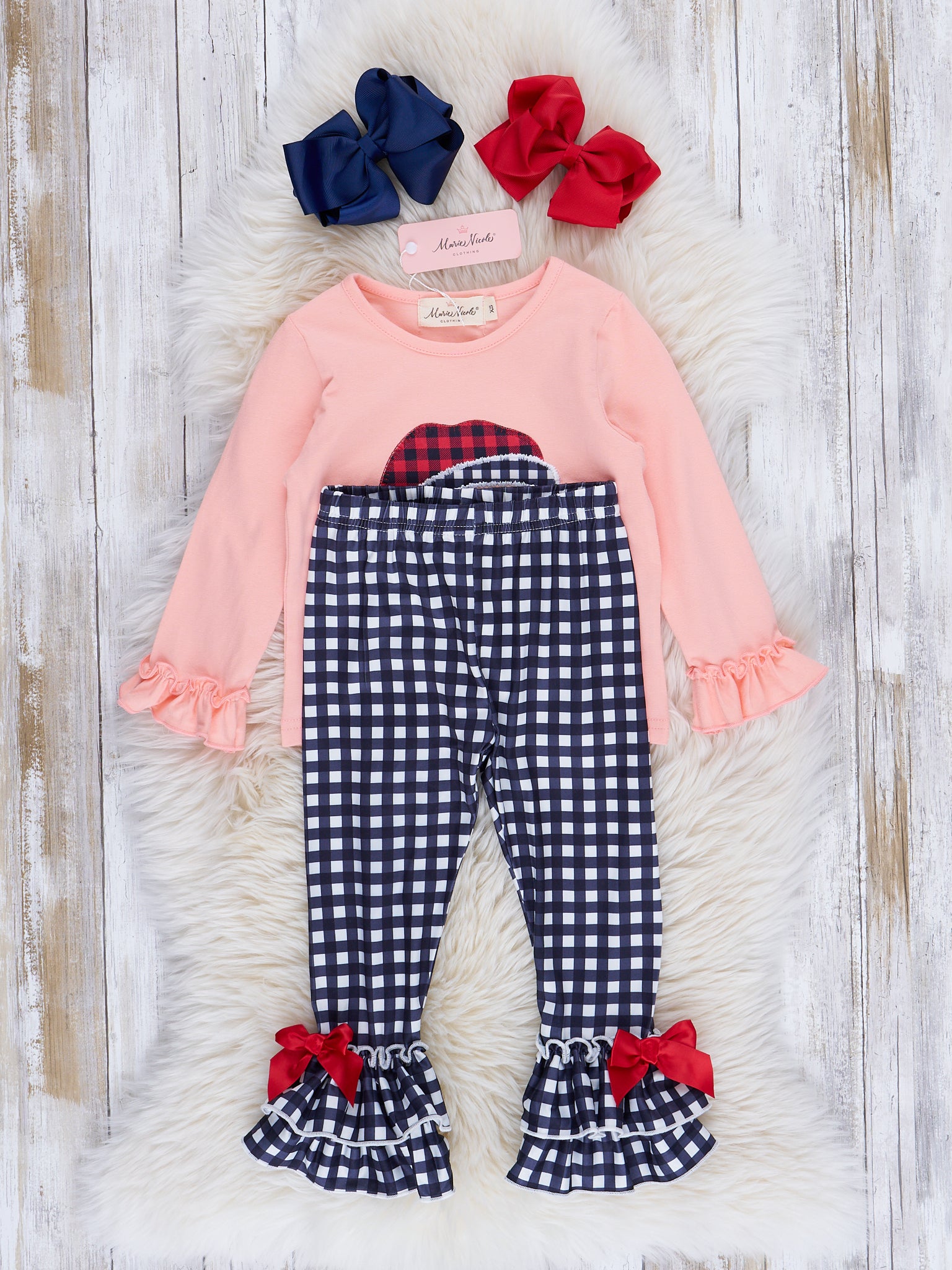 Peach & Navy Gingham Santa Ruffle Outfit - Marie Nicole Clothing