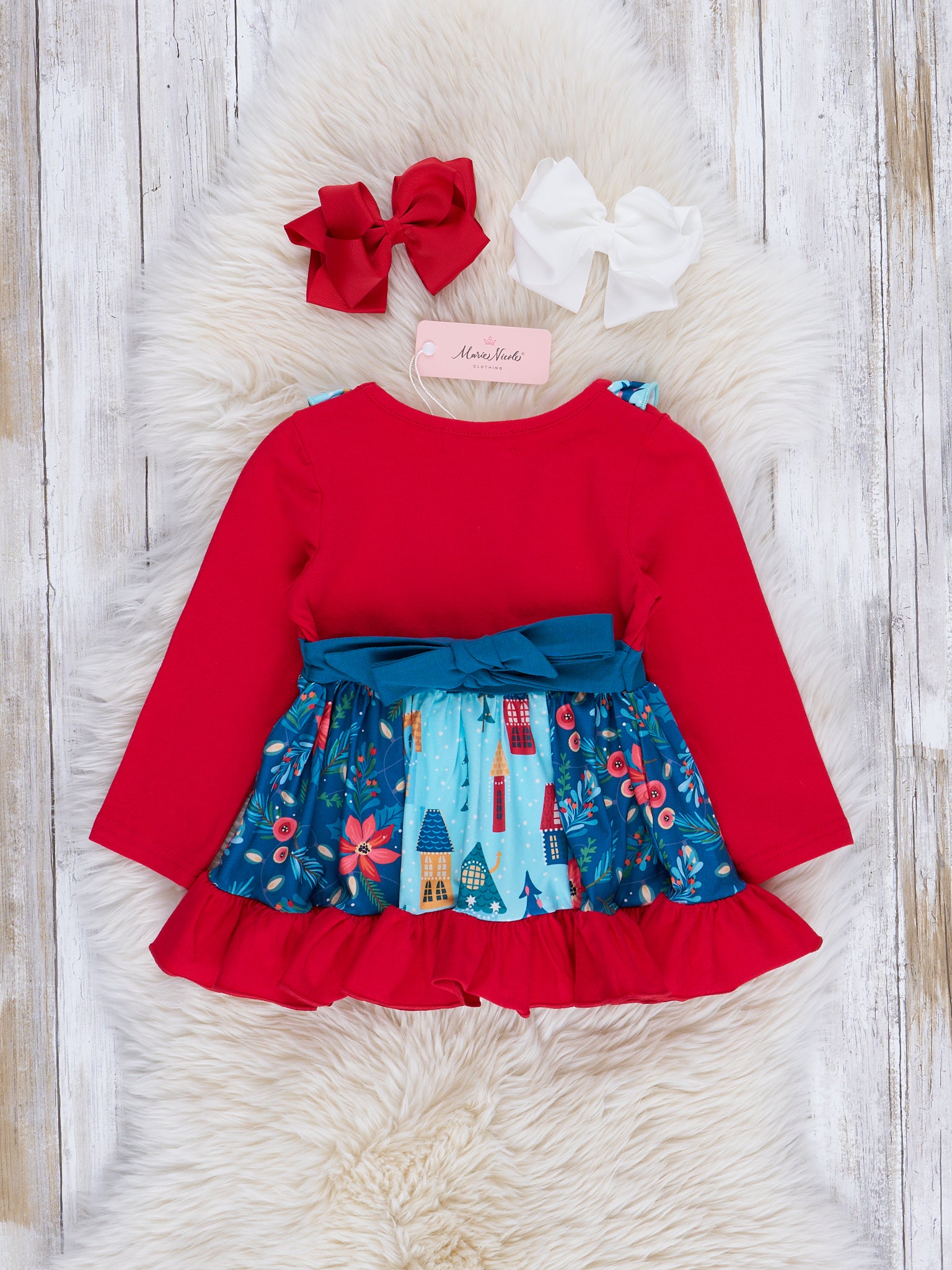 Chambray & Red Tree Lot Ruffle Outfit - Marie Nicole Clothing