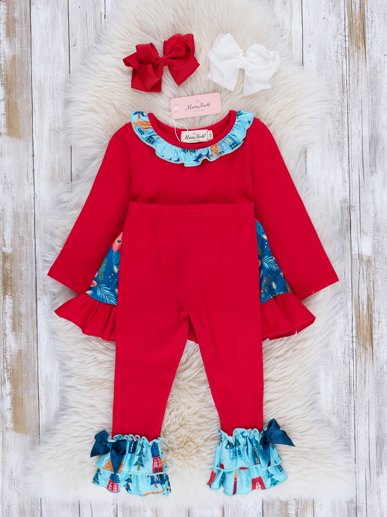 Chambray & Red Tree Lot Ruffle Outfit - Marie Nicole Clothing