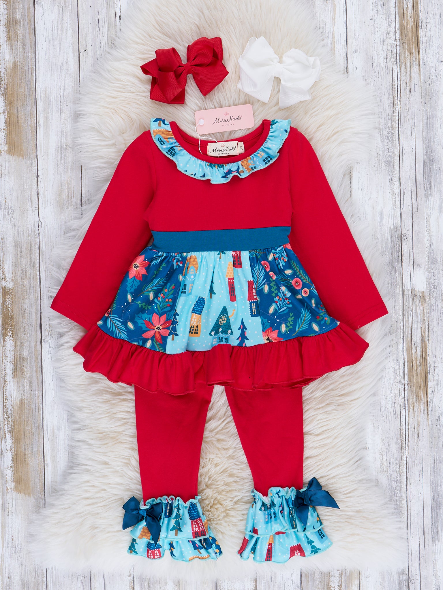 Chambray & Red Tree Lot Ruffle Outfit - Marie Nicole Clothing