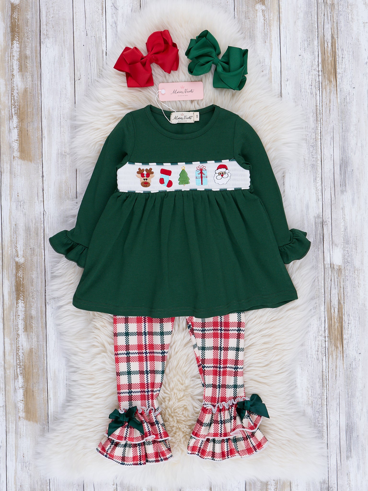 Hunter Green Smocked Holiday Plaid Ruffle Outfit - Marie Nicole Clothing