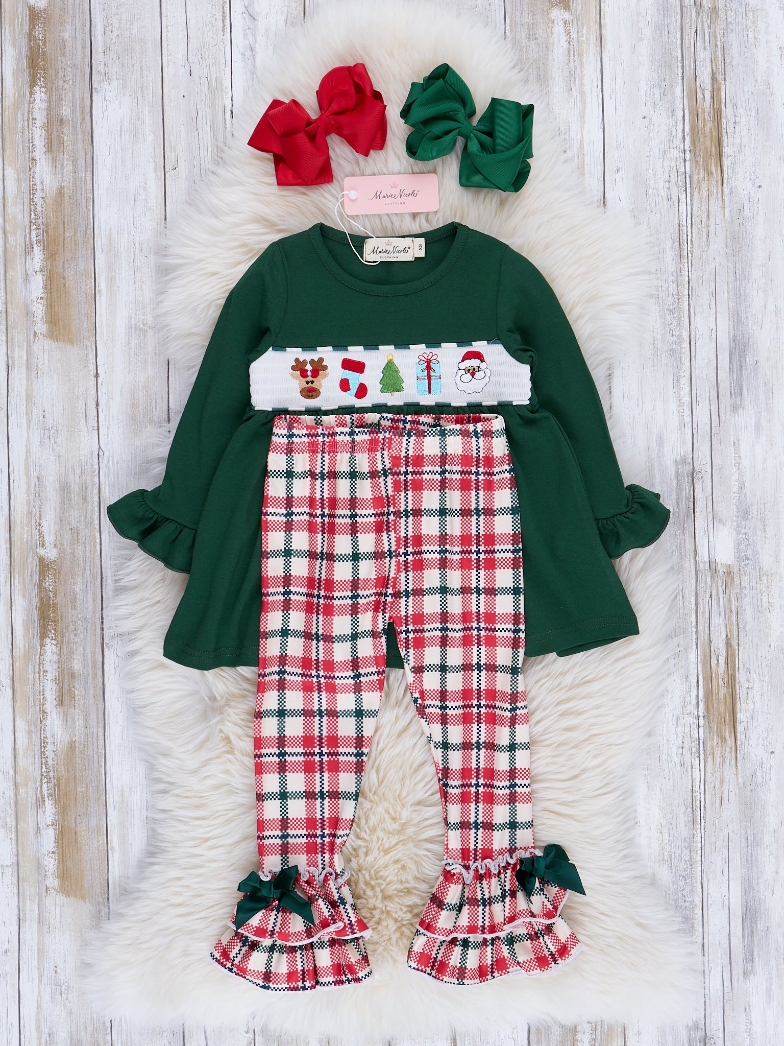 Hunter Green Smocked Holiday Plaid Ruffle Outfit - Marie Nicole Clothing