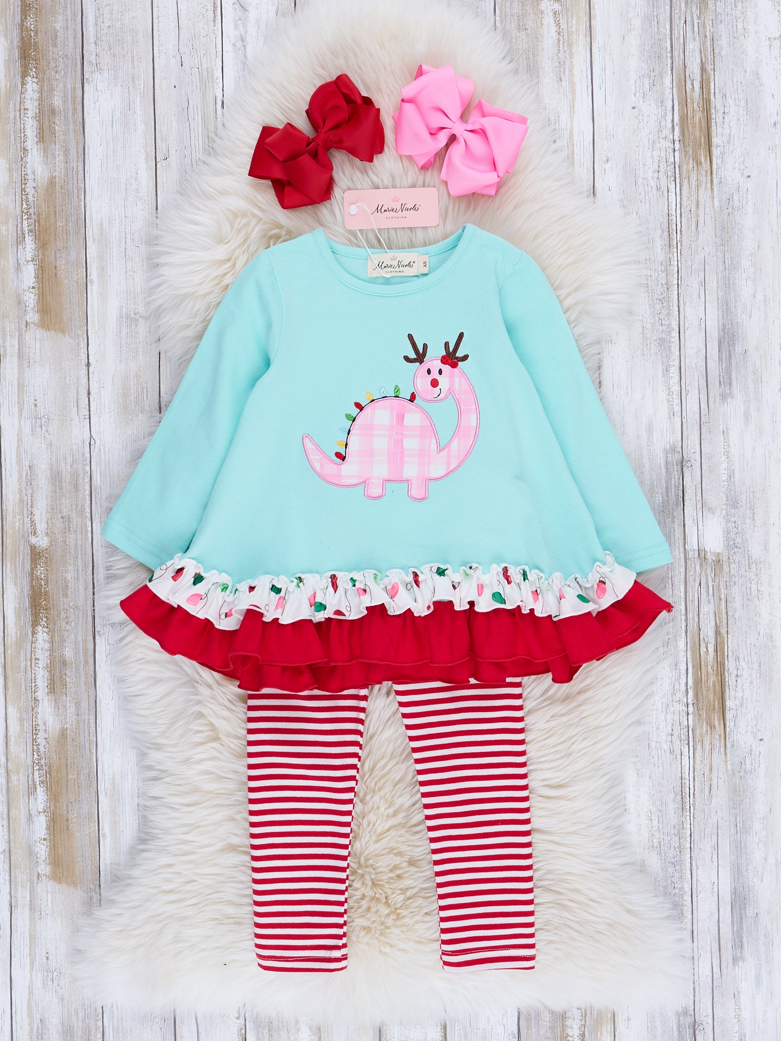Ice Blue Embroidered Gingham Dino Ruffle Outfit - Marie Nicole Clothing