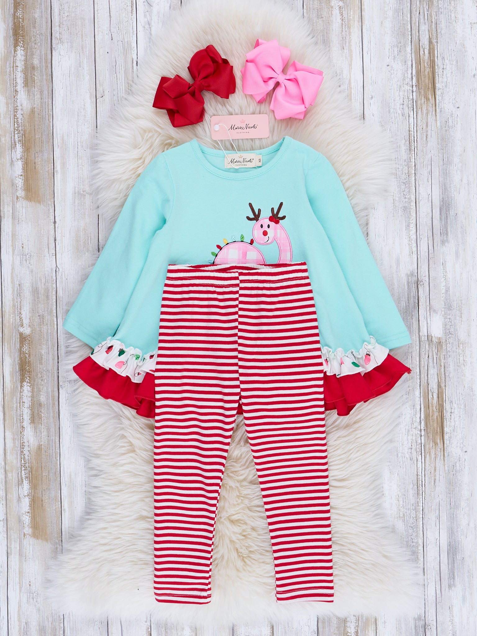 Ice Blue Embroidered Gingham Dino Ruffle Outfit - Marie Nicole Clothing