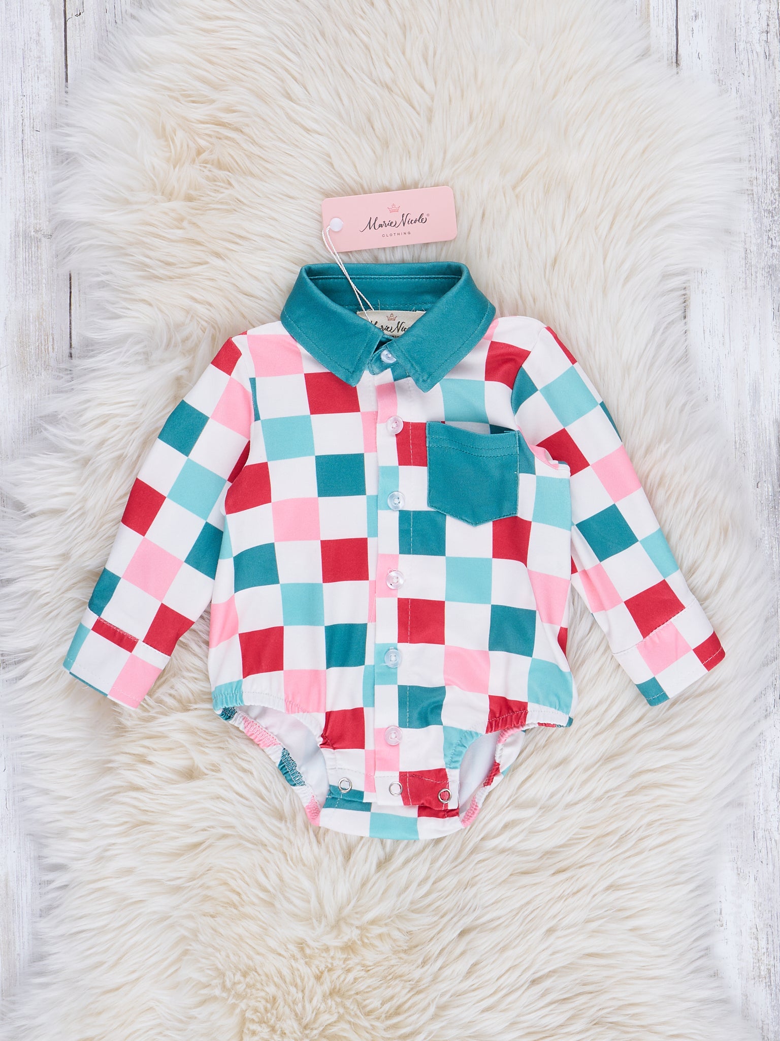 Red & Green Christmas Squares Pocket Romper - Marie Nicole Clothing