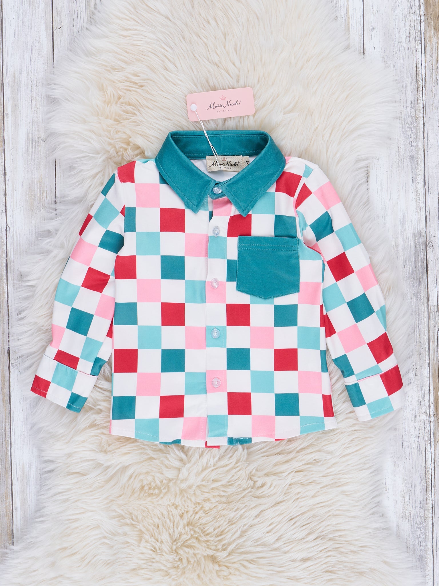 Red & Green Christmas Squares Pocket Shirt - Marie Nicole Clothing