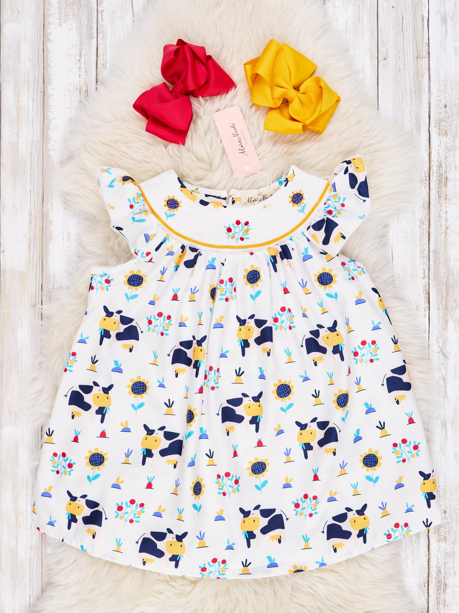Smocked Happy Cow Ruffle Dress - Marie Nicole Clothing